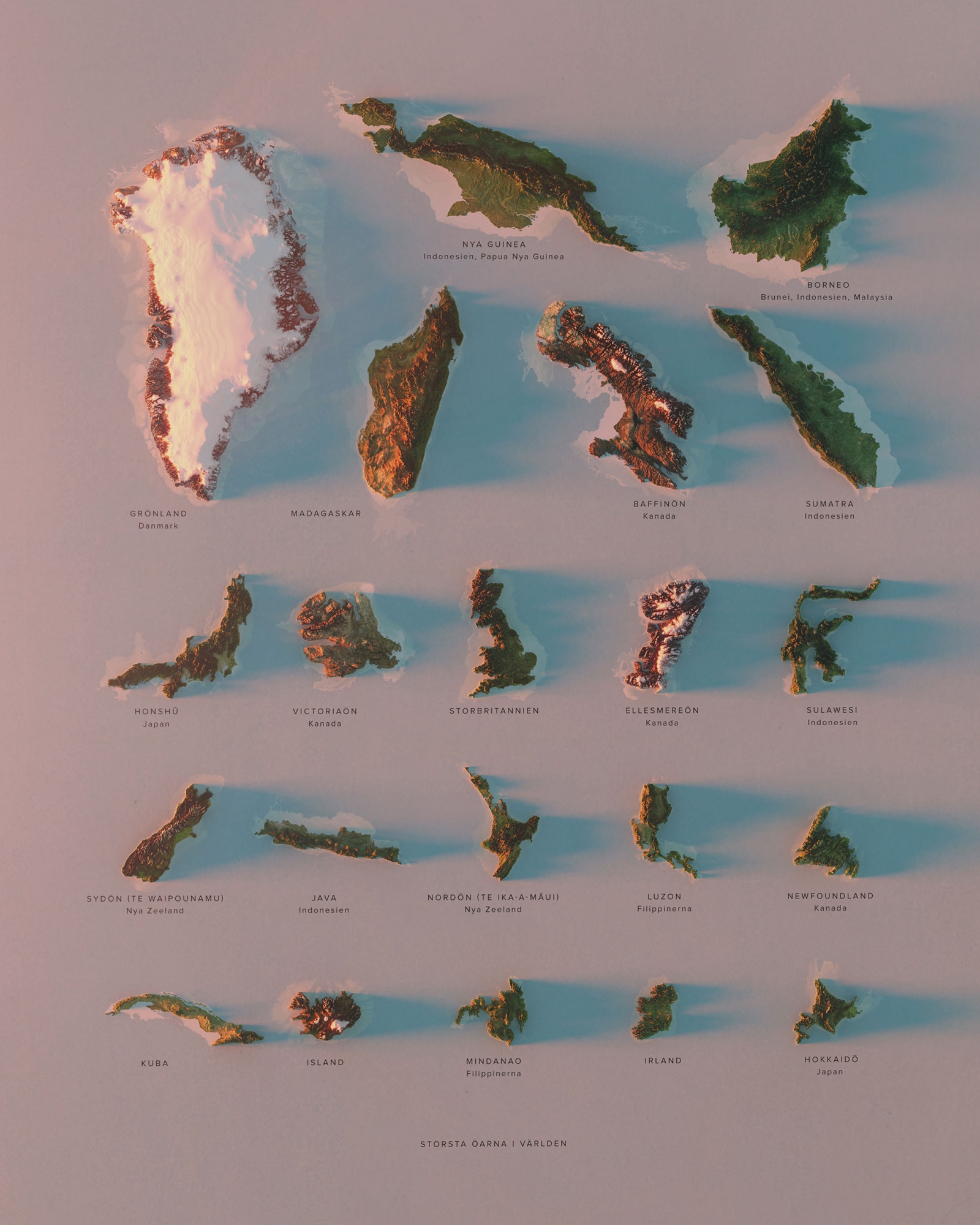 Största öarna i världen topografisk karta, detaljbild