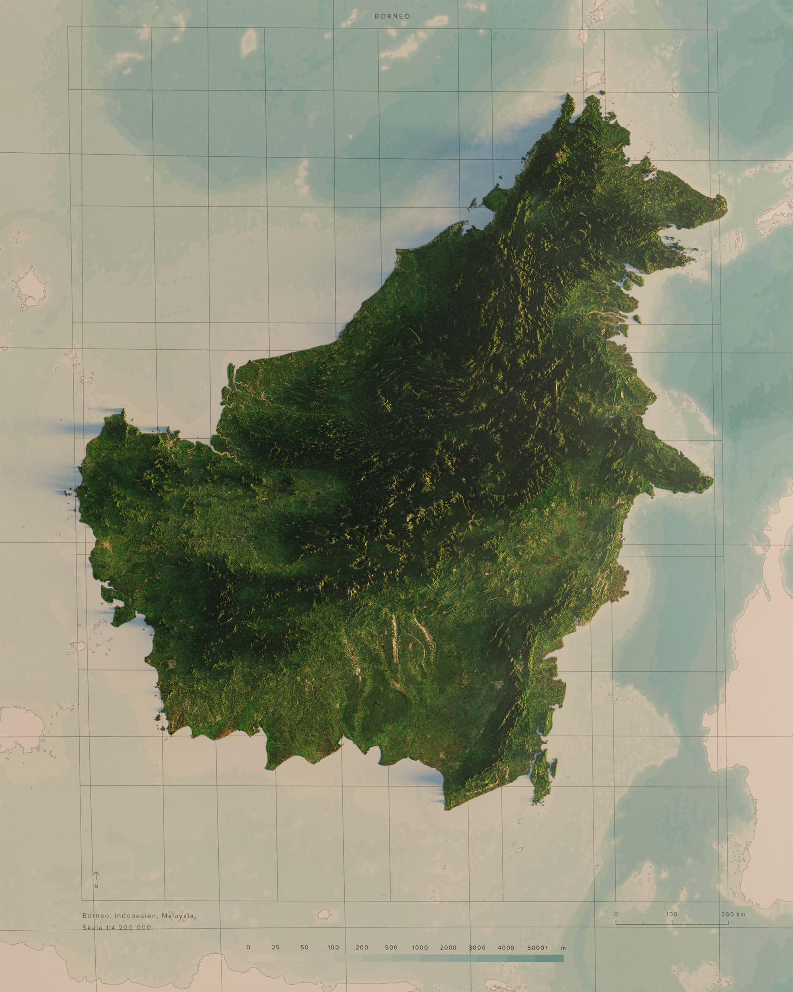 Borneo topografisk karta, detaljbild