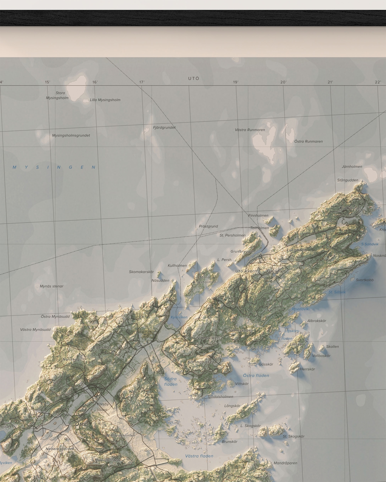 Karta över Utö i dagsljus, detaljbild