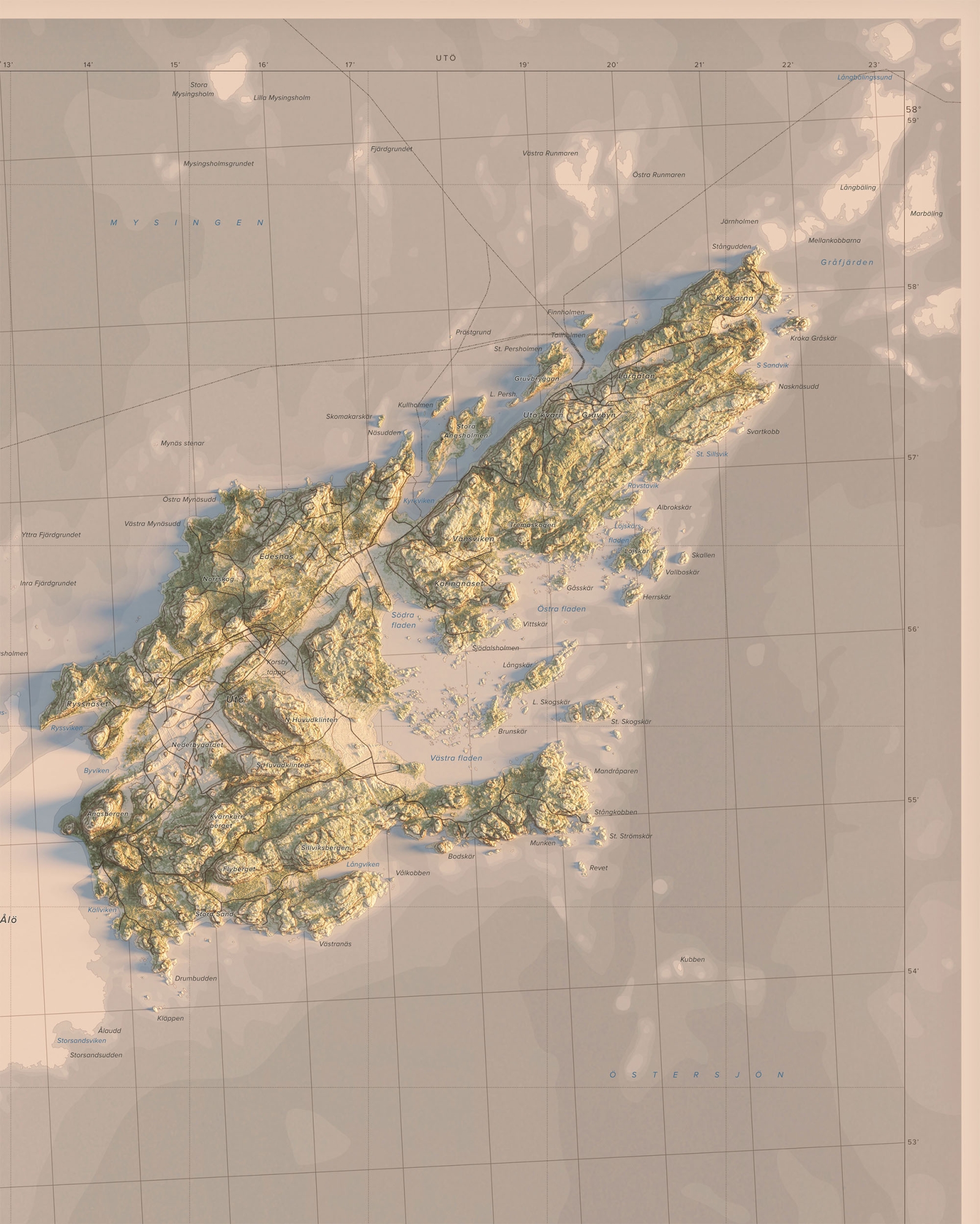Karta över Utö i morgonljus, detaljbild