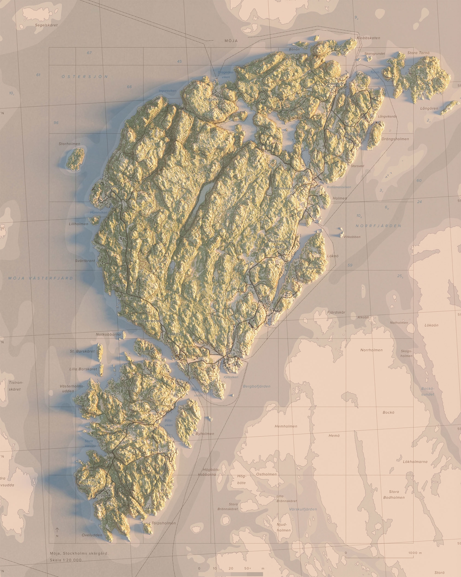 Skärgårdskarta över Möja i morgonljus, detaljbild