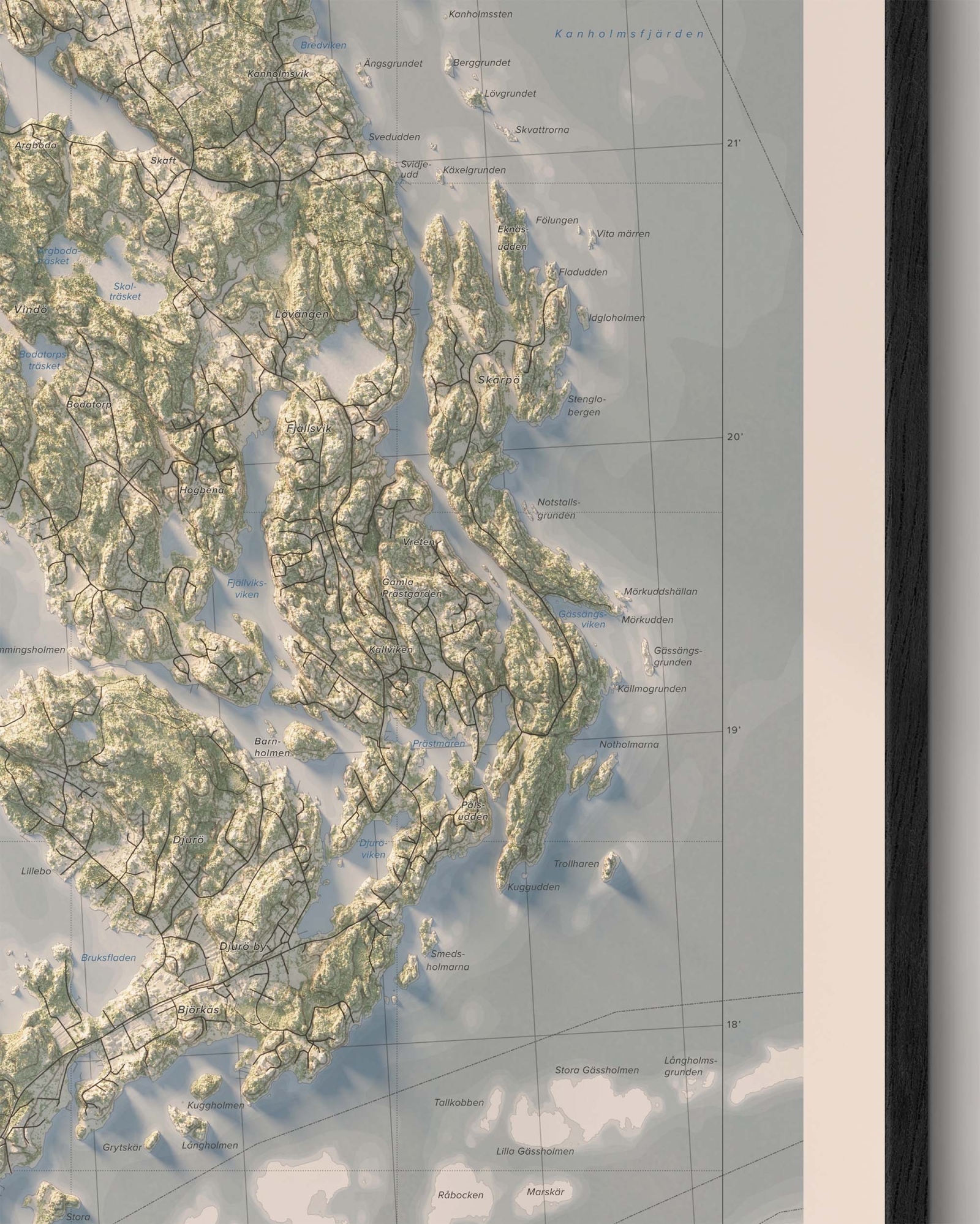 Karta över Djurö-Vindö i dagsljus, detaljbild