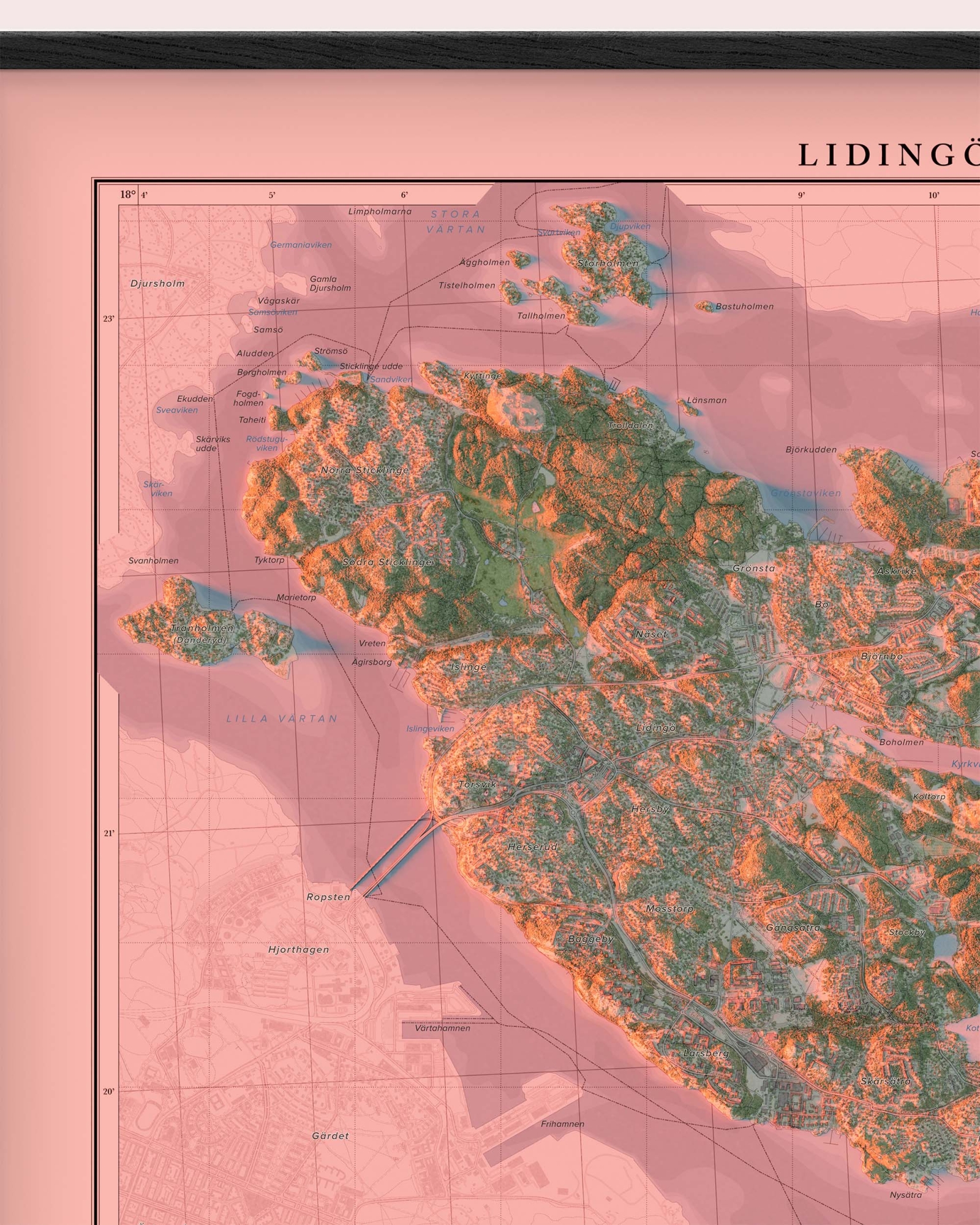 Karta över Lidingö i kvällsljus, detaljbild