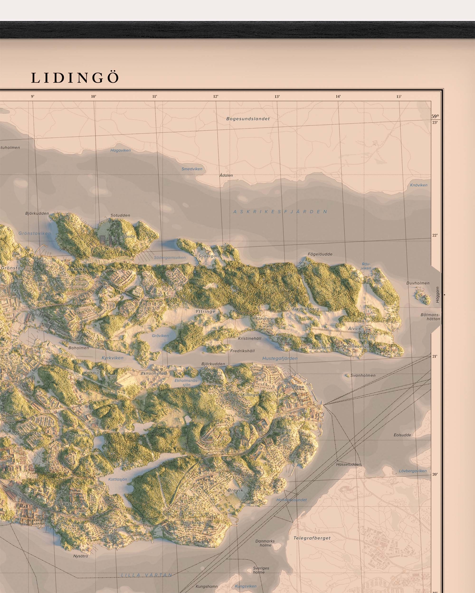 Karta över Lidingö i morgonljus, detaljbild