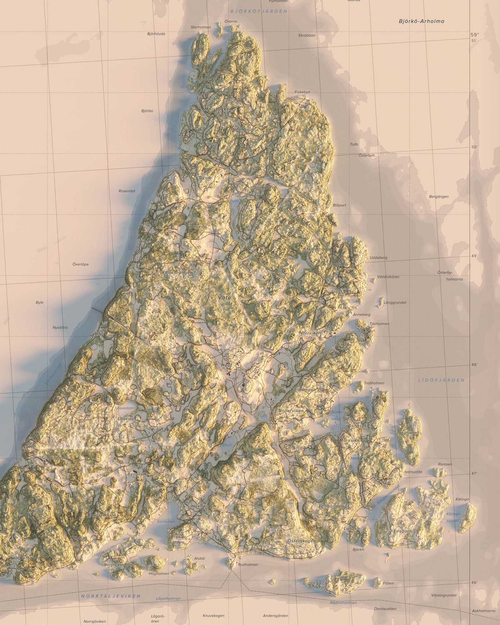 Karta över Vätö i morgonljus, detaljbild