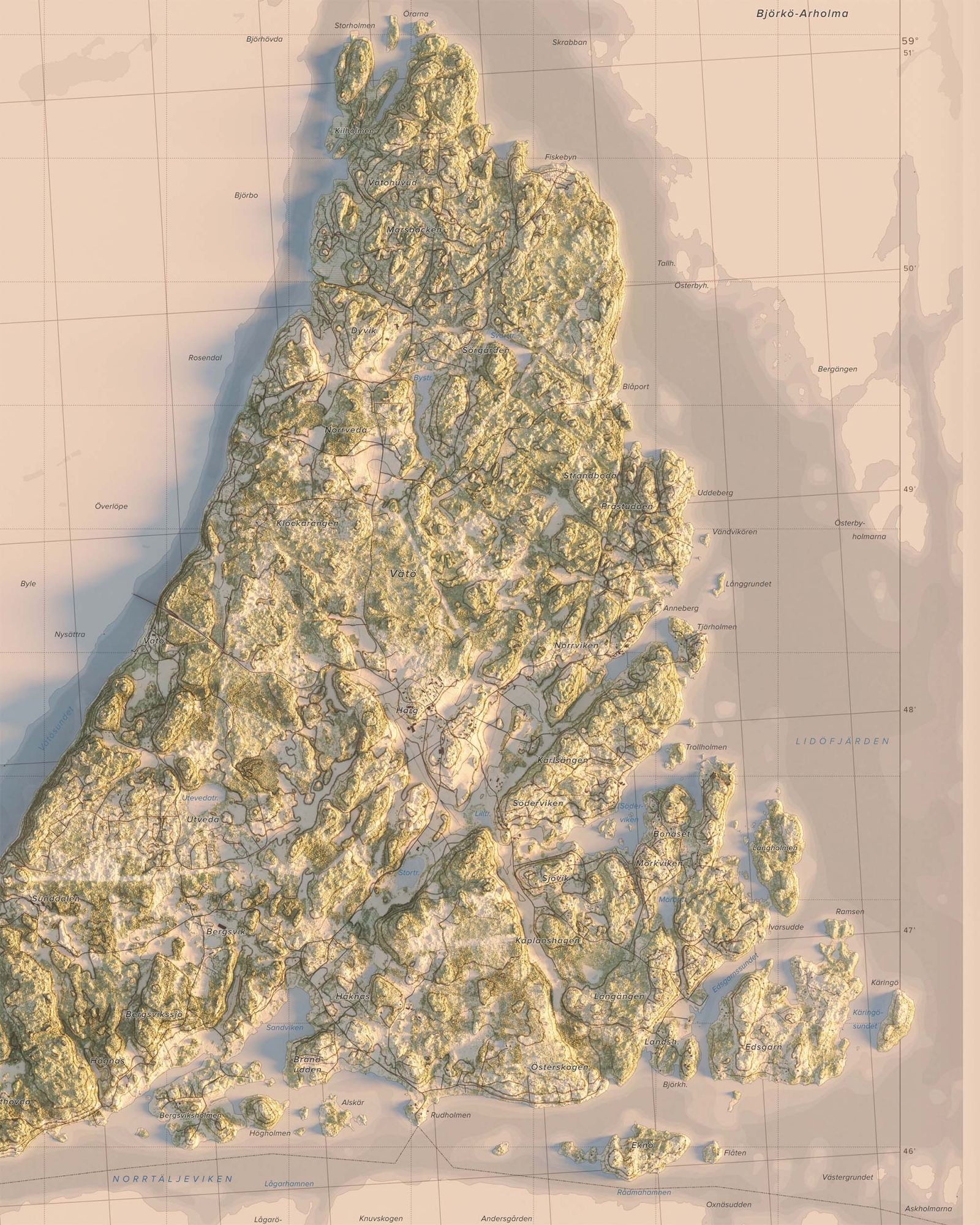 Karta över Vätö i morgonljus, detaljbild
