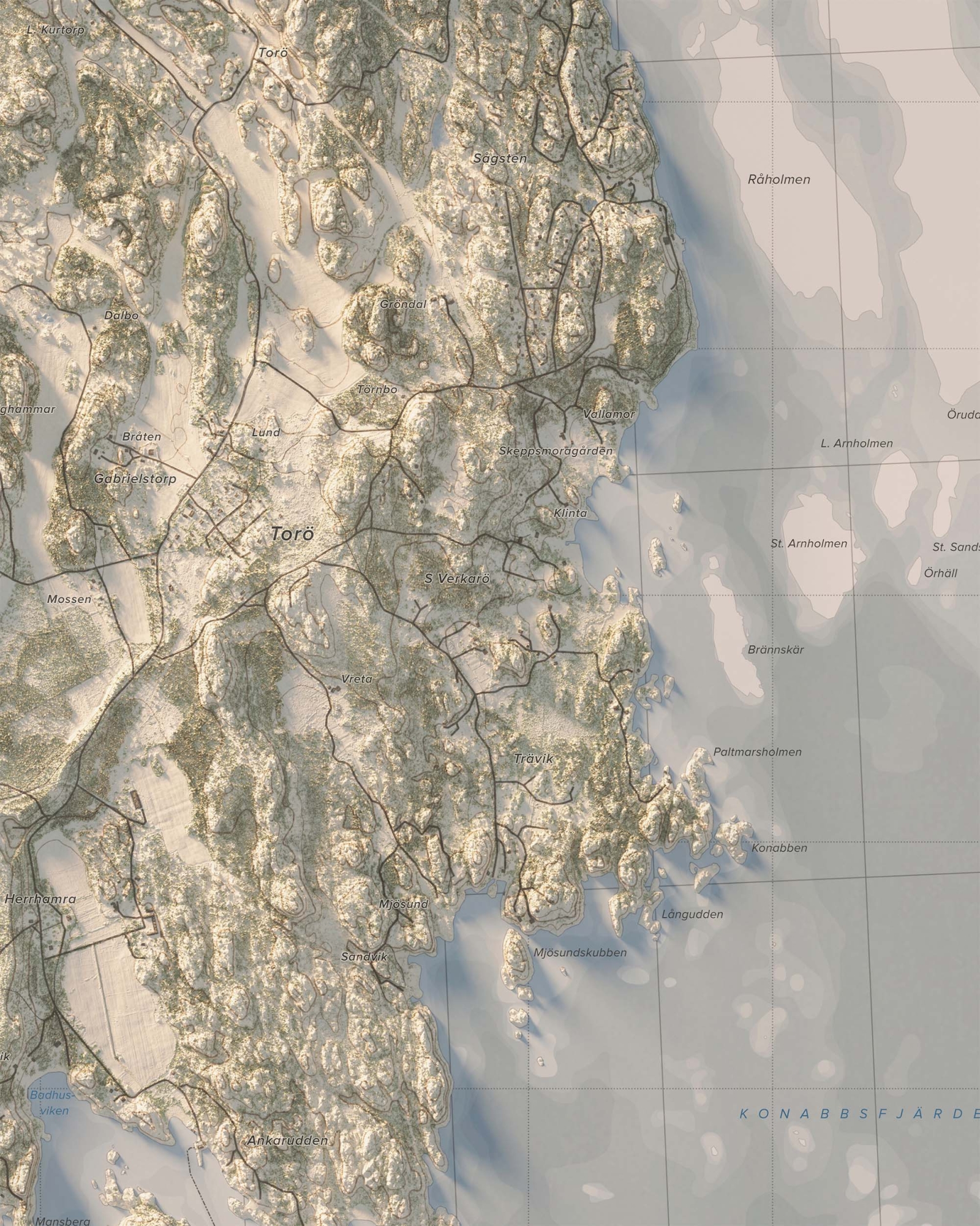Karta över Torö i dagsljus, detaljbild