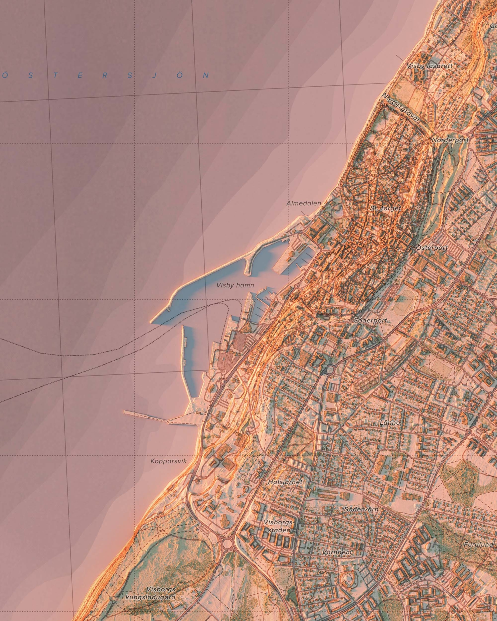 Karta över Visby i kvällsljus, detaljbild