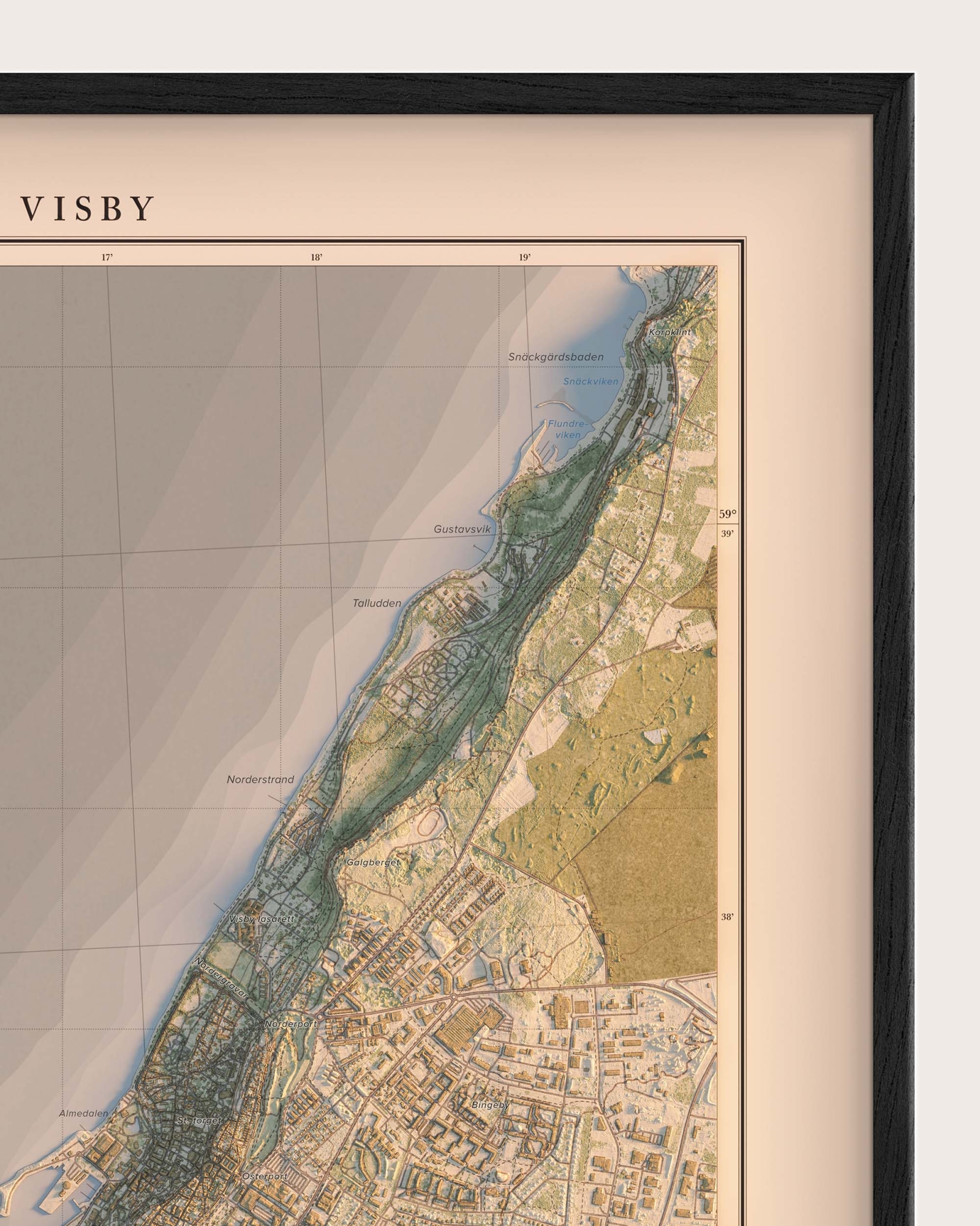 Karta över Visby i morgonljus, detaljbild