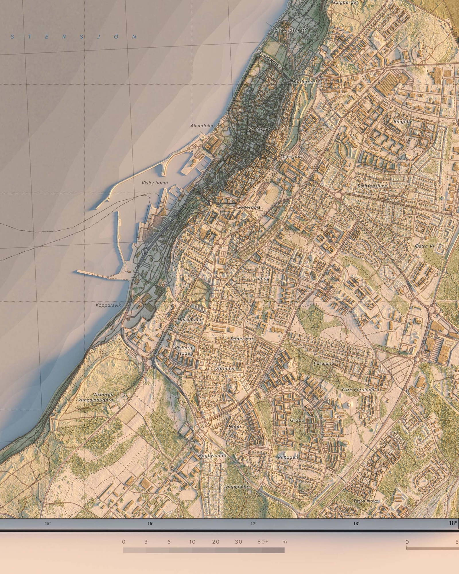 Karta över Visby i morgonljus, detaljbild