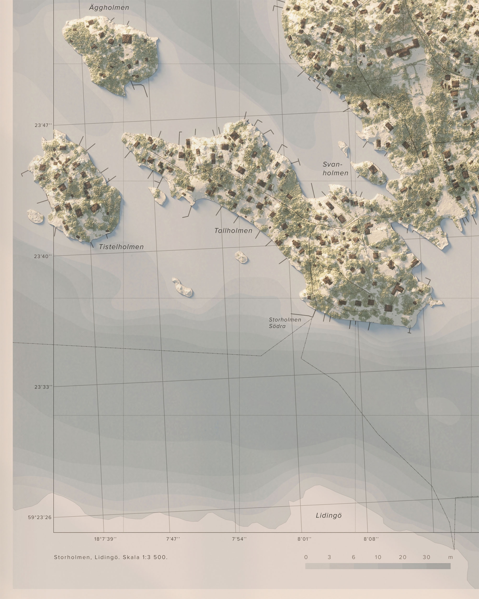 Topografisk karta över Storholmen i dagsljus, detaljbild