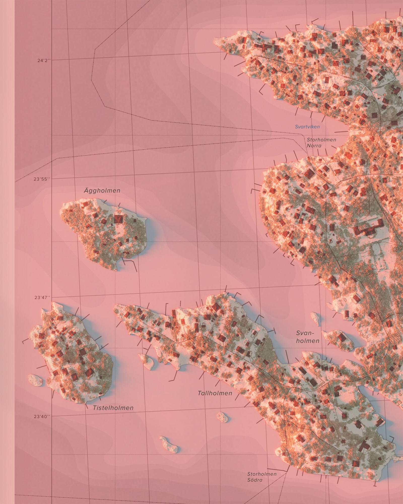 Topografisk karta över Storholmen i kvällsljus, detaljbild