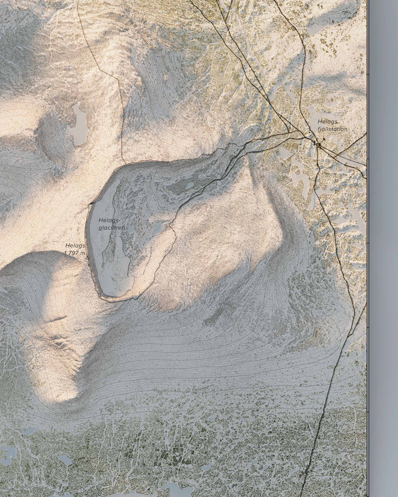 Topografisk fjällkarta över Helags i dagsljus, detaljbild