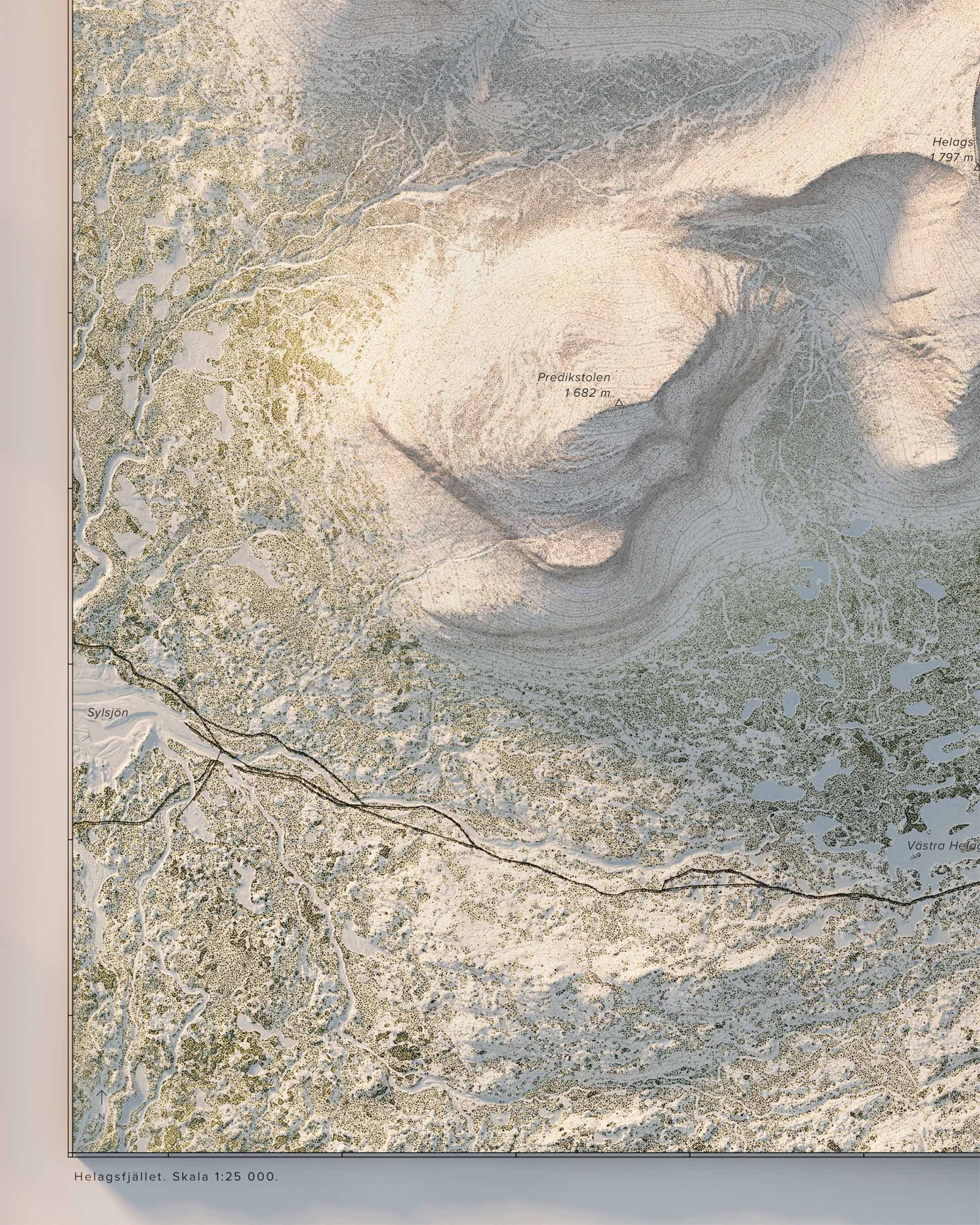 Topografisk fjällkarta över Helags i dagsljus, detaljbild