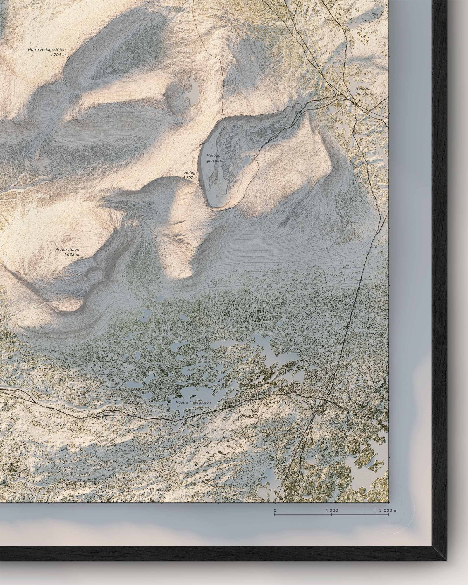 Topografisk fjällkarta över Helags i dagsljus, detaljbild