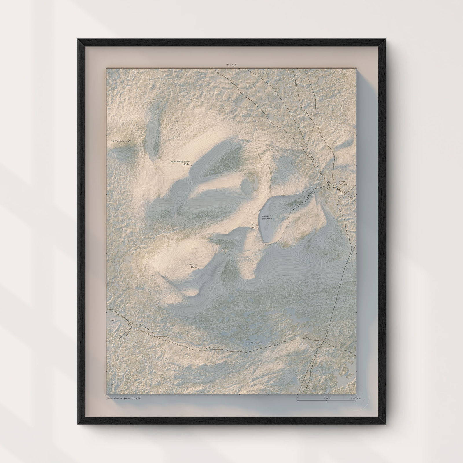 Topografisk fjällkarta över Helags i dagsljus