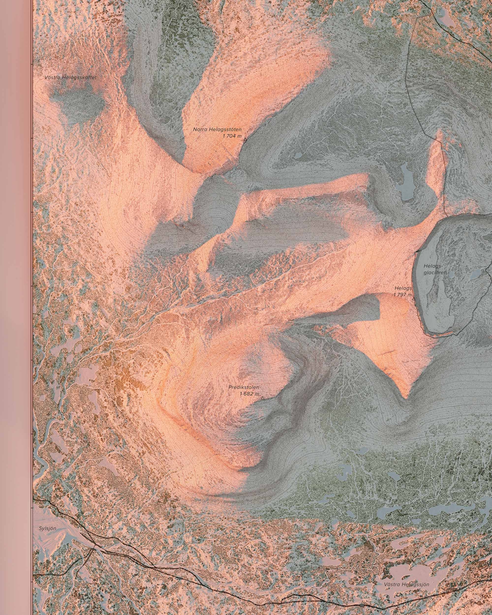 Topografisk fjällkarta över Helags i kvällsljus, detaljbild