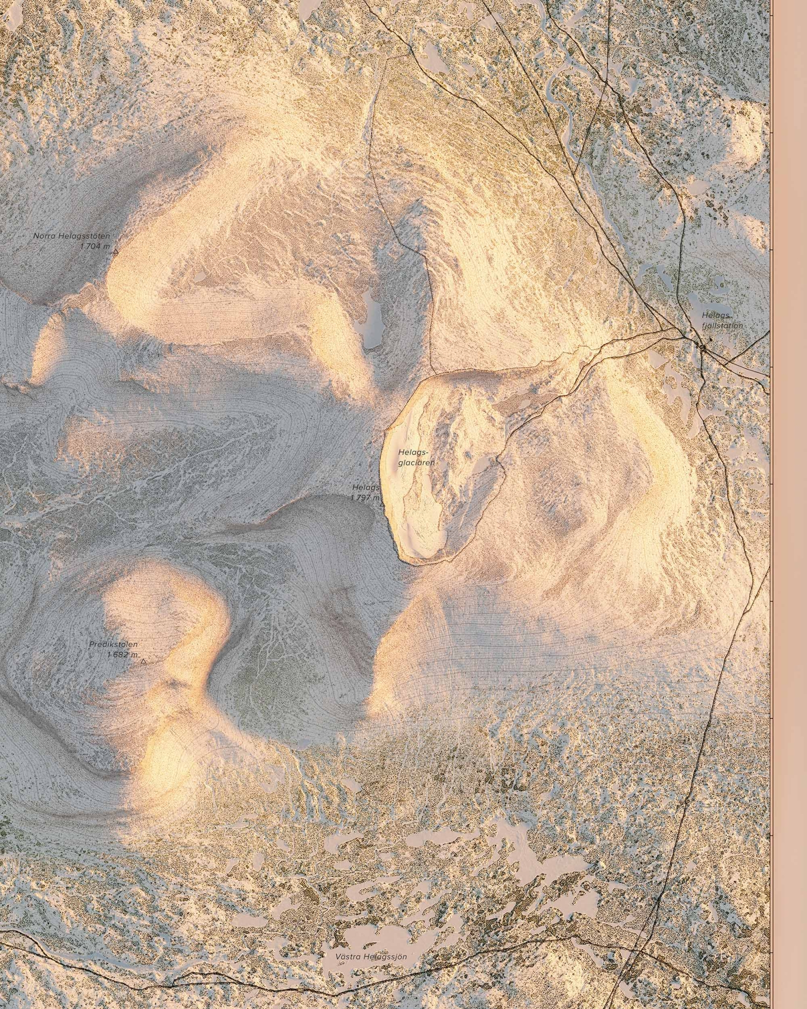 Topografisk fjällkarta över Helags i morgonljus, detaljbild