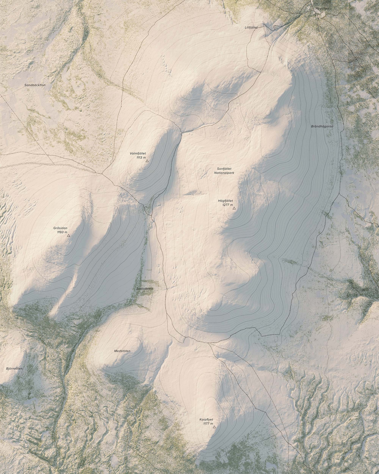 Topografisk fjällkarta över Sonfjället i dagsljus, detaljbild