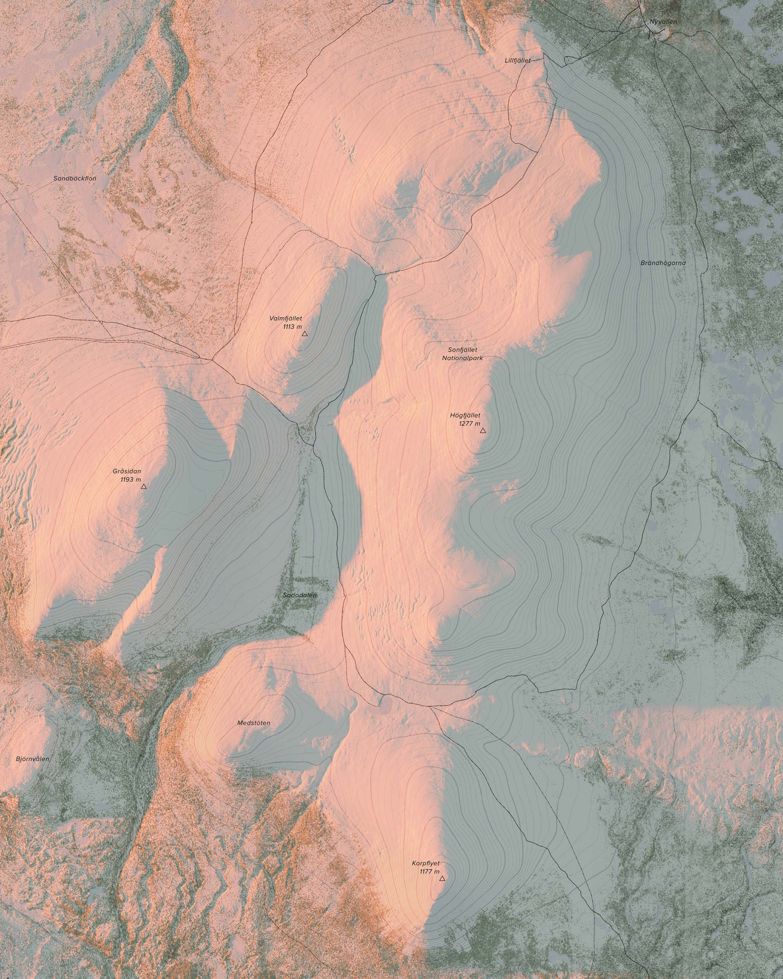 Topografisk fjällkarta över Sonfjället i kvällsljus, detaljbild