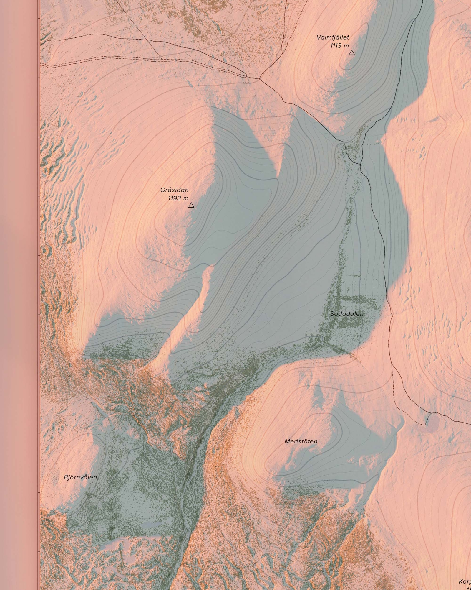 Topografisk fjällkarta över Sonfjället i kvällsljus, detaljbild