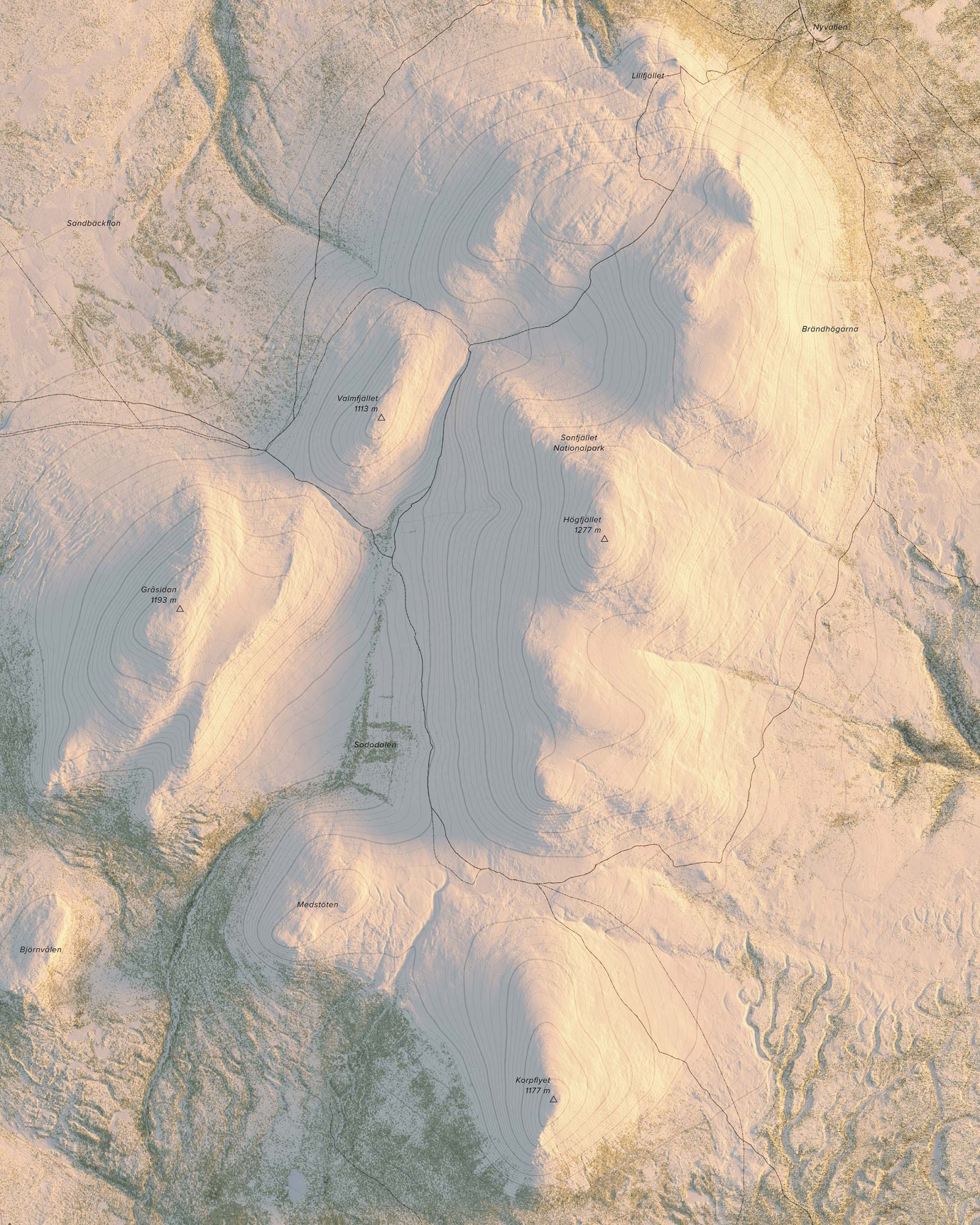 Topografisk fjällkarta över Sonfjället i morgonljus, detaljbild