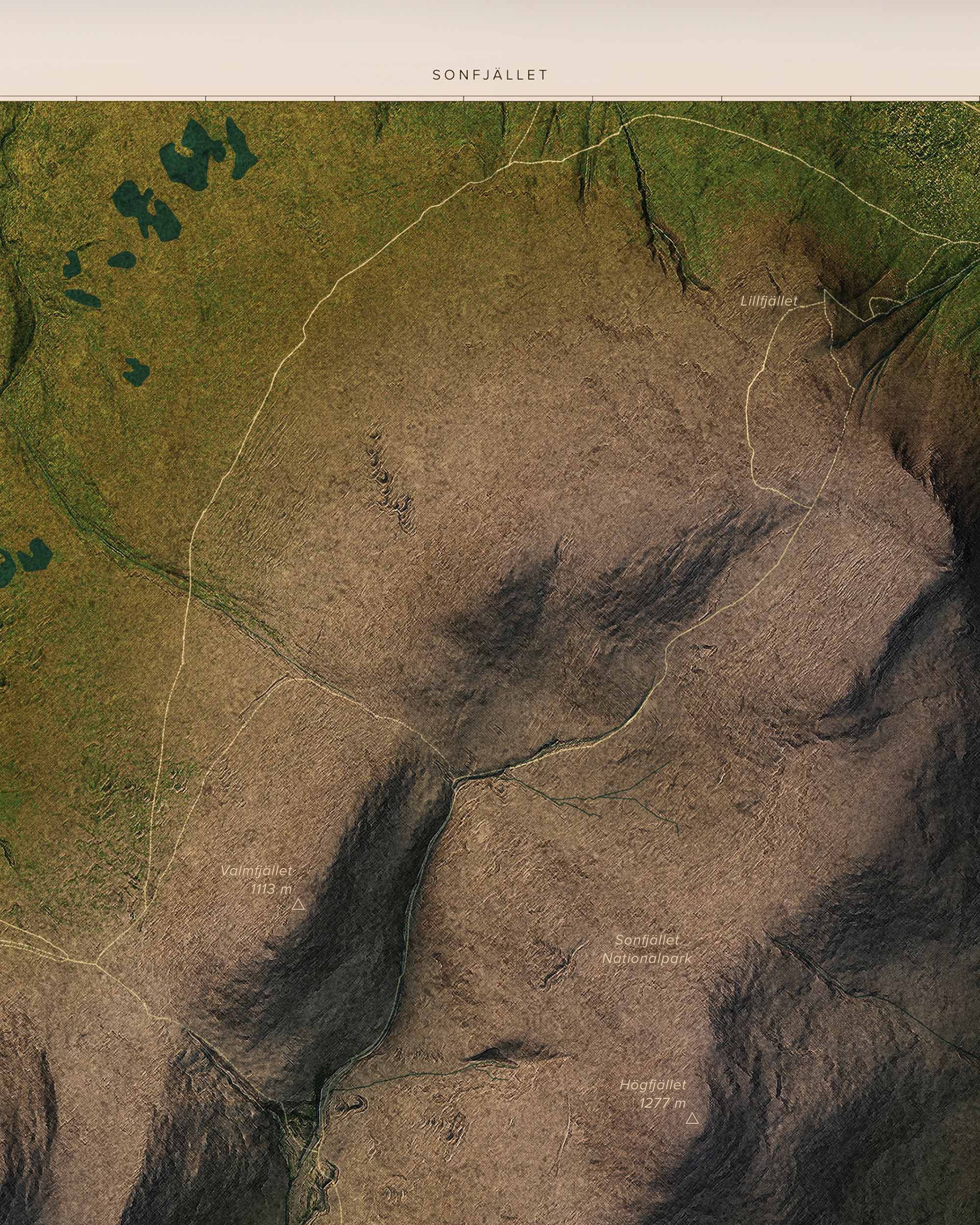 Topografisk karta över Sonfjället i dagsljus, detaljbild