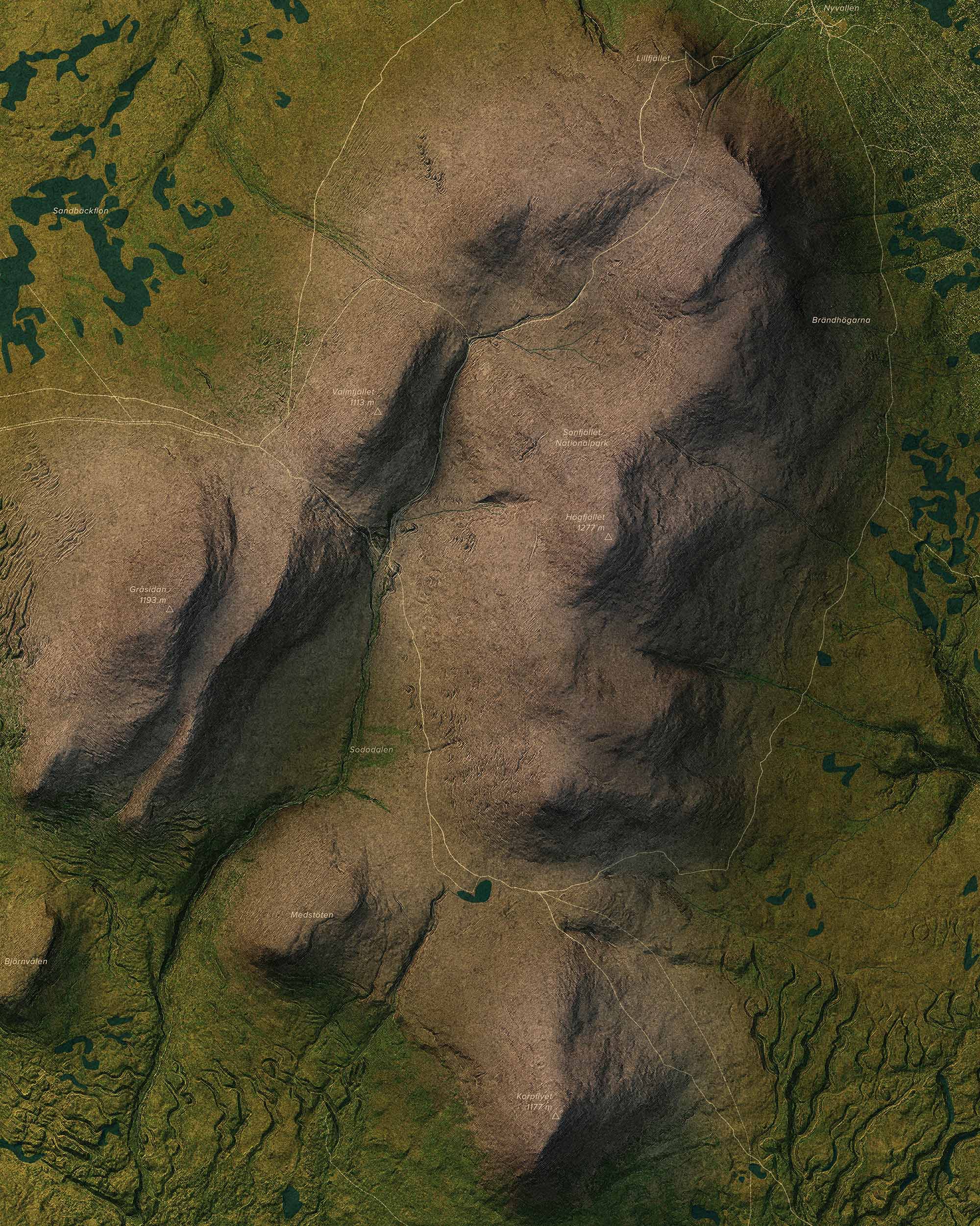 Topografisk karta över Sonfjället i dagsljus, detaljbild