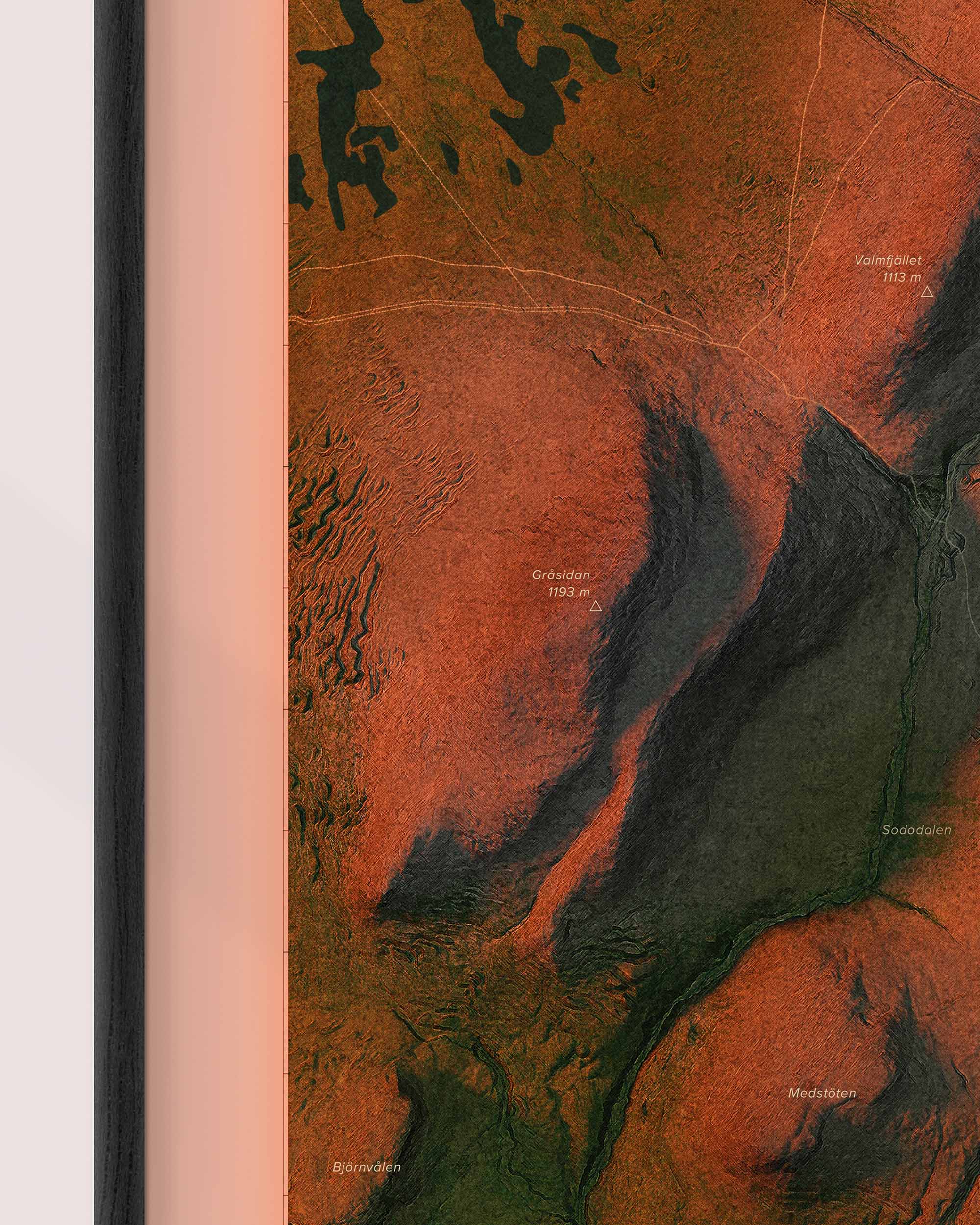 Topografisk karta över Sonfjället i kvällsljus, detaljbild