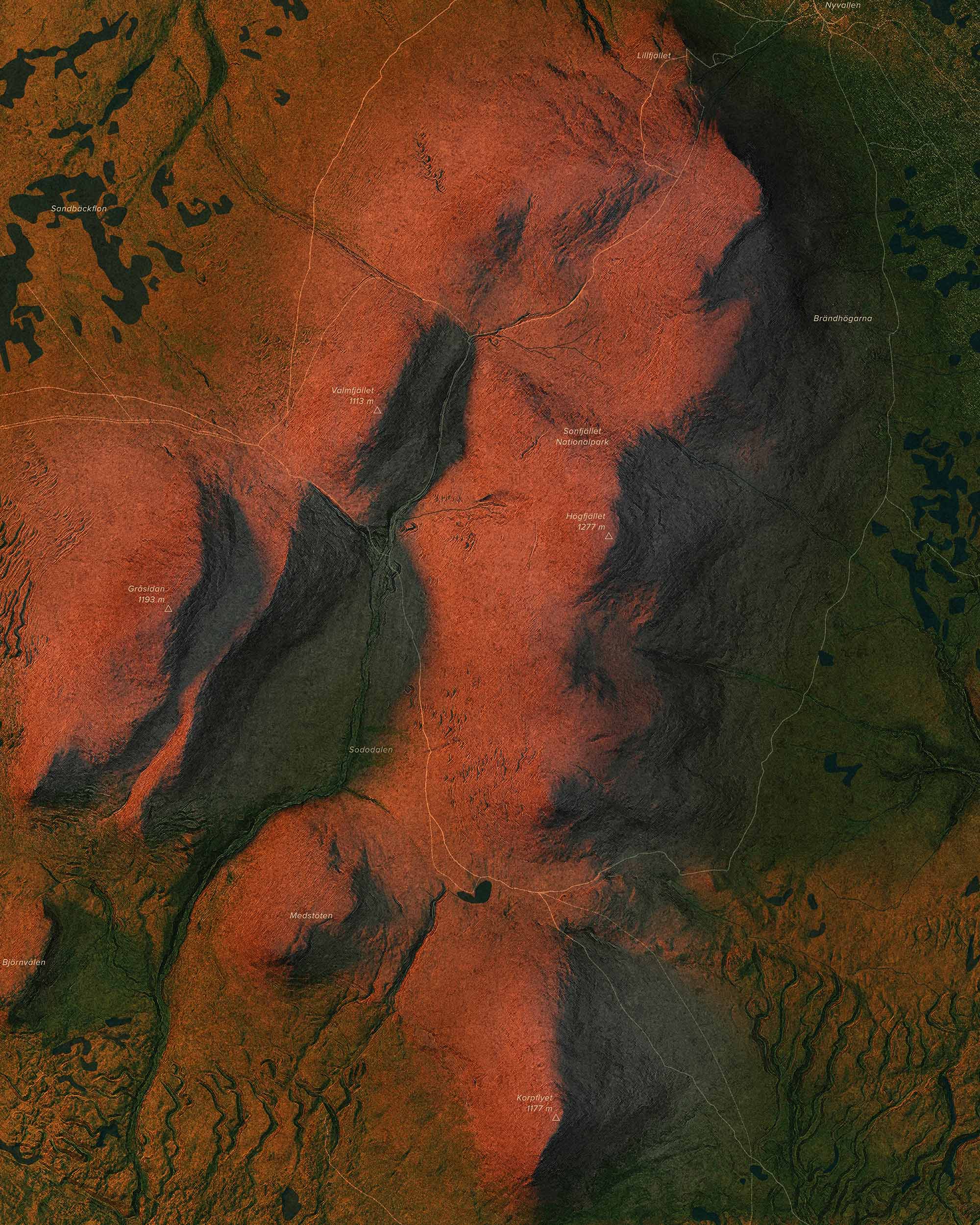 Topografisk karta över Sonfjället i kvällsljus, detaljbild