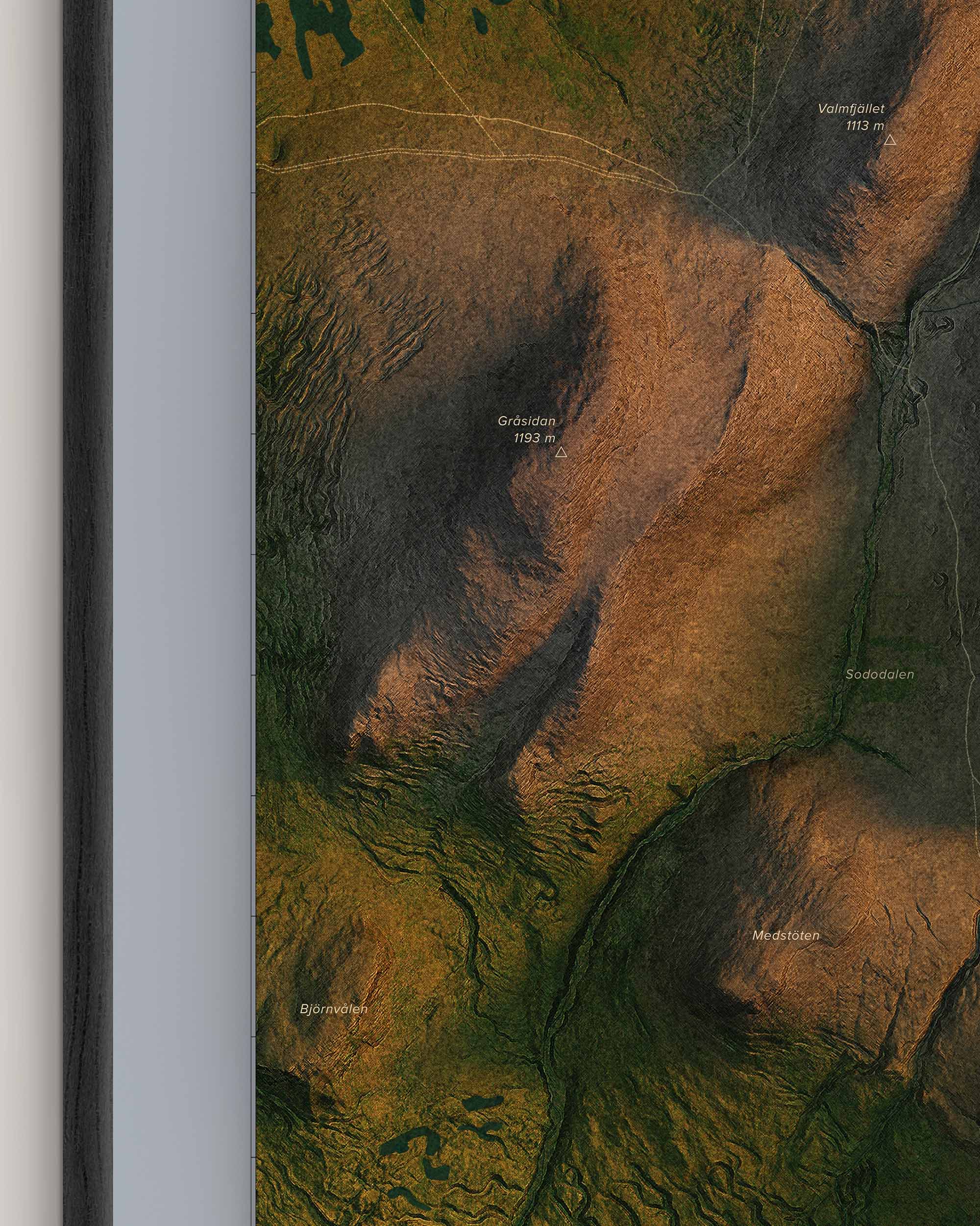 Topografisk karta över Sonfjället i morgonljus, detaljbild