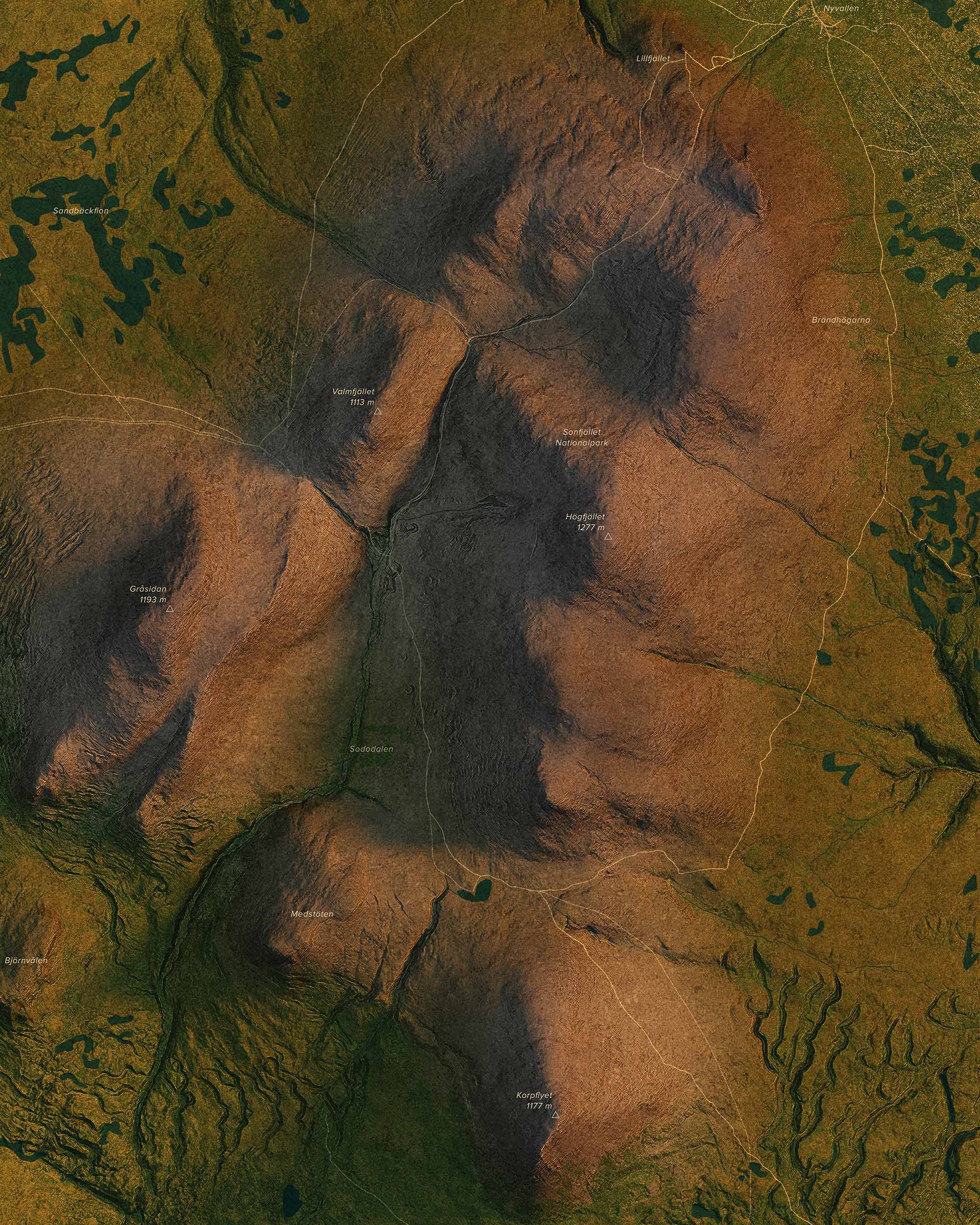 Topografisk karta över Sonfjället i morgonljus, detaljbild