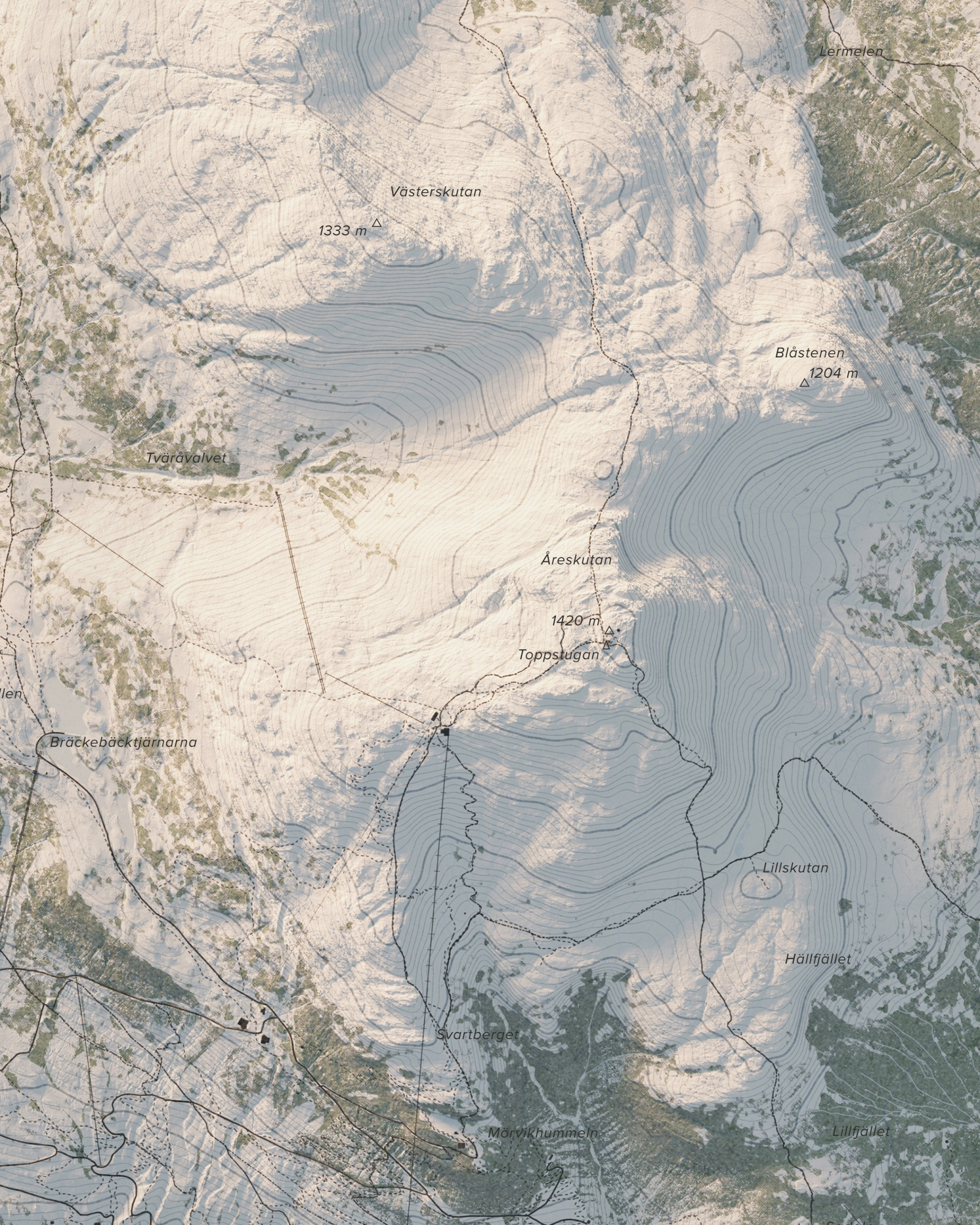 Topografisk fjällkarta över Åreskutan i dagsljus, detaljbild