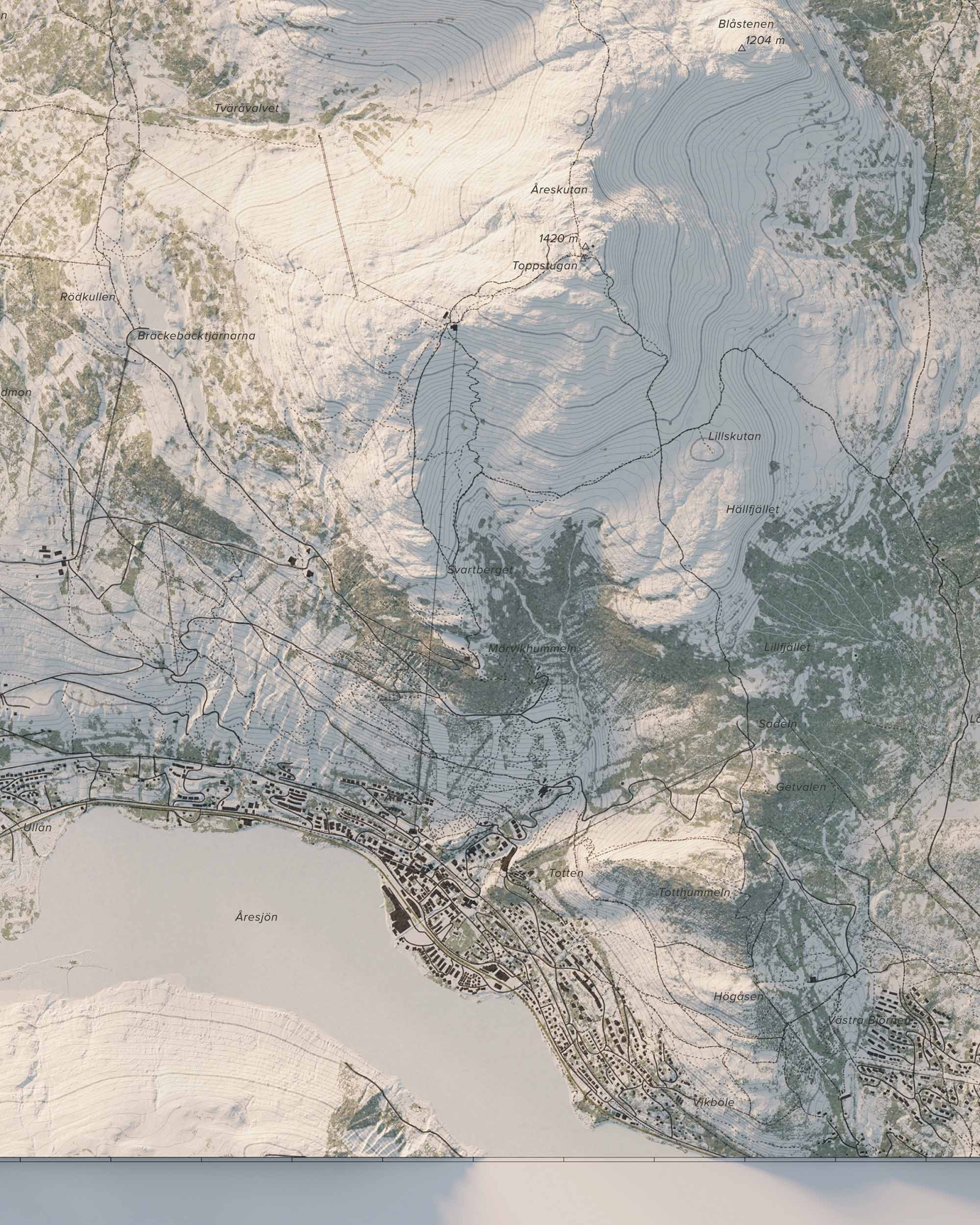 Topografisk fjällkarta över Åreskutan i dagsljus, detaljbild