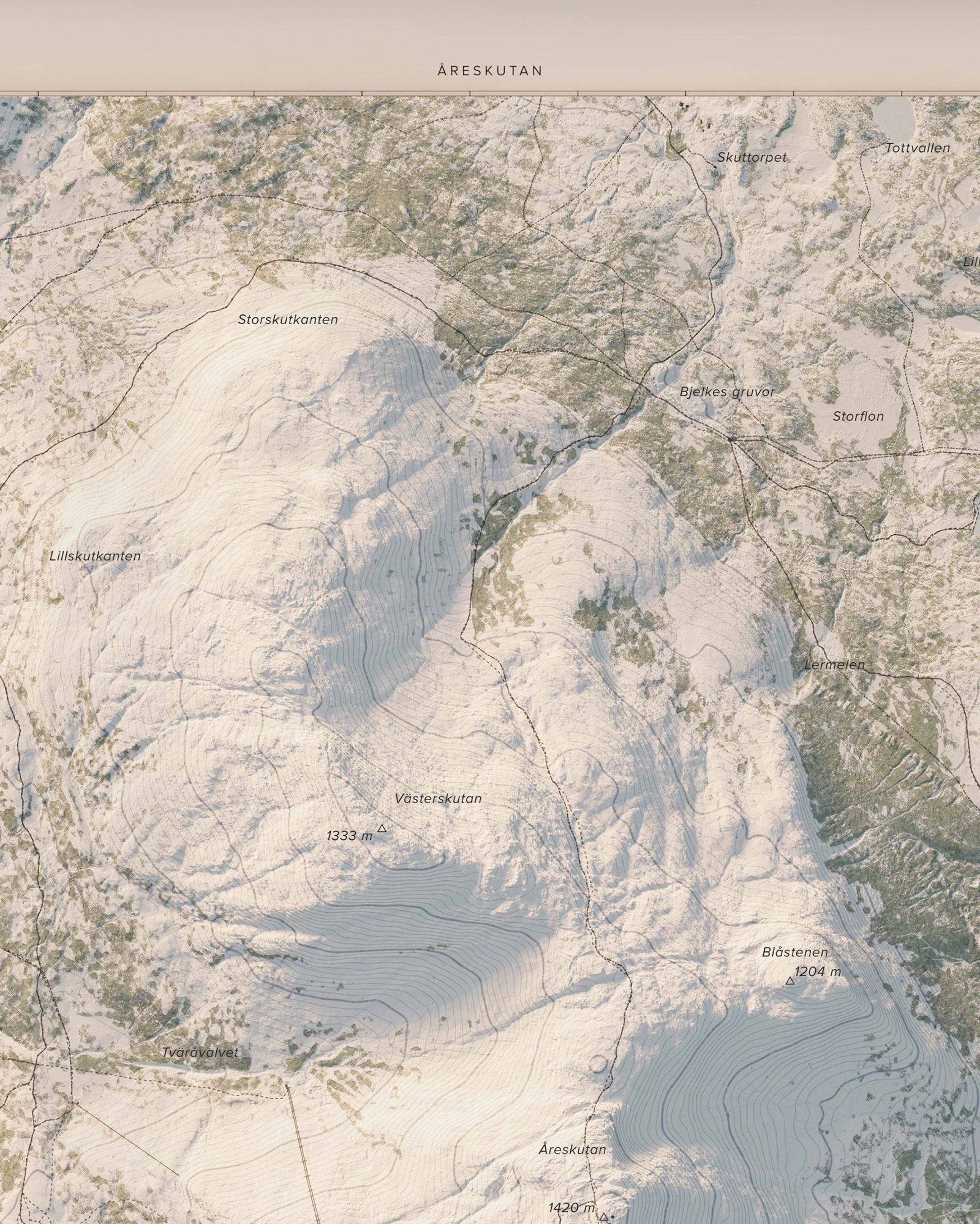 Topografisk fjällkarta över Åreskutan i dagsljus, detaljbild