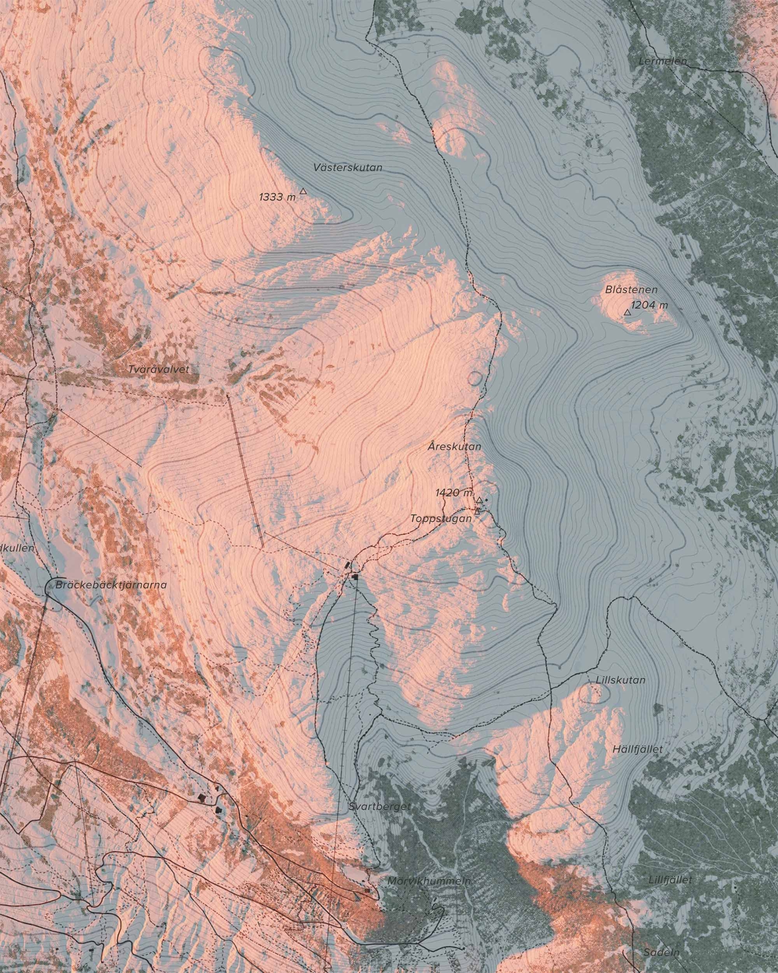 Topografisk fjällkarta över Åreskutan i kvällsljus, detaljbild
