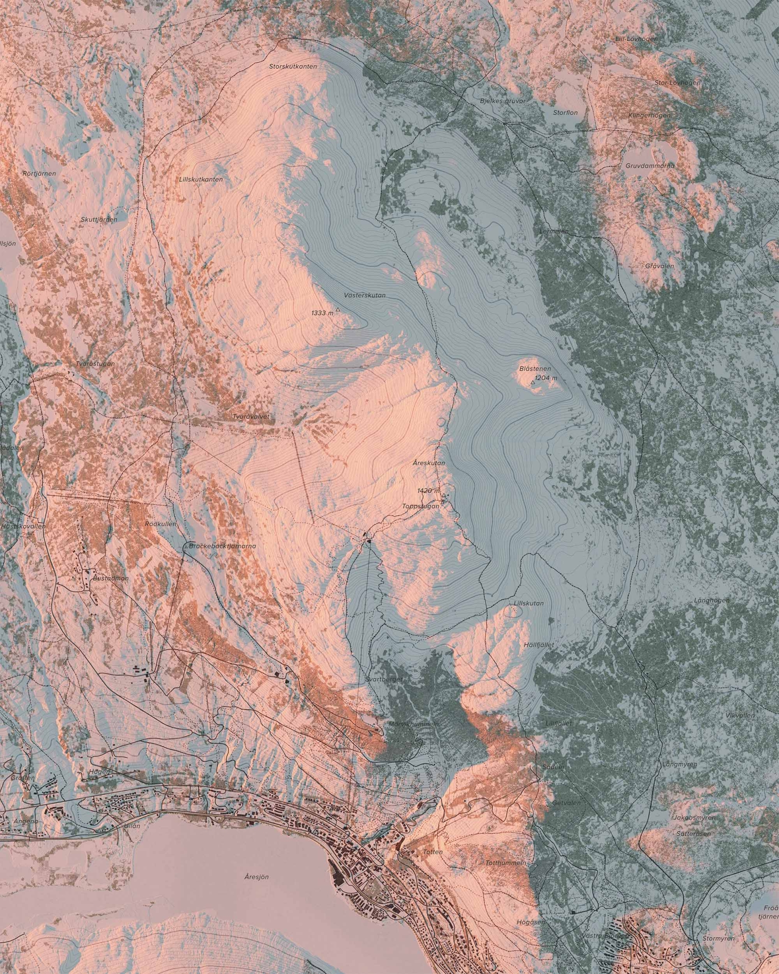 Topografisk fjällkarta över Åreskutan i kvällsljus, detaljbild