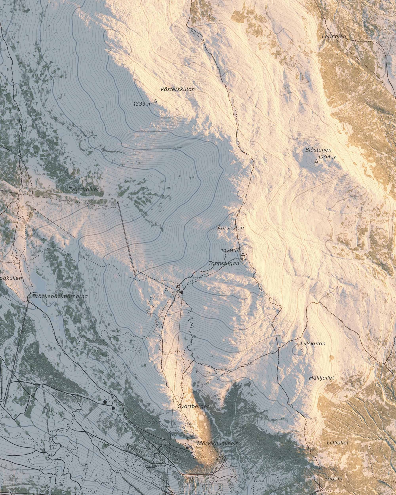 Topografisk fjällkarta över Åreskutan i morgonljus, detaljbild