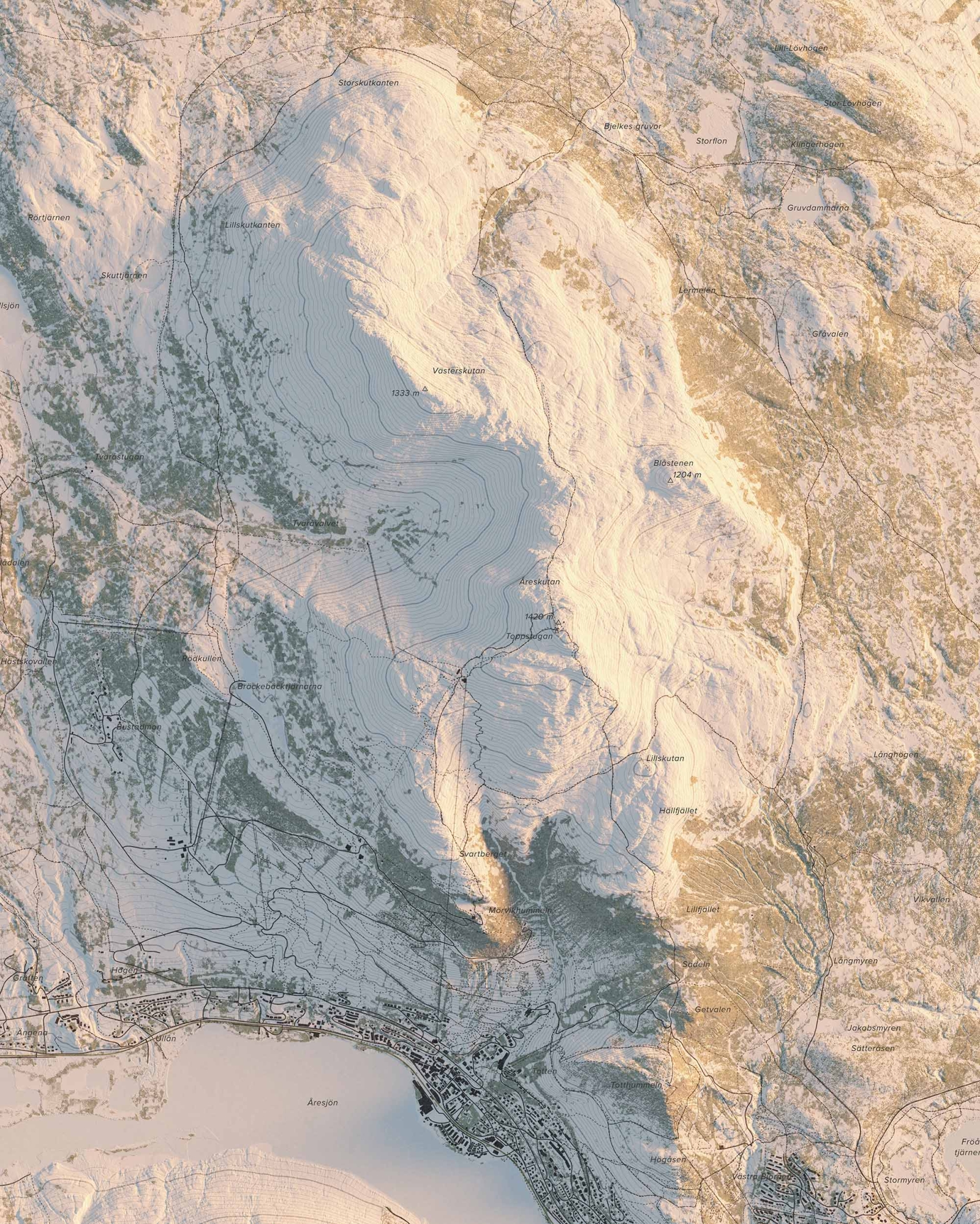 Topografisk fjällkarta över Åreskutan i morgonljus, detaljbild