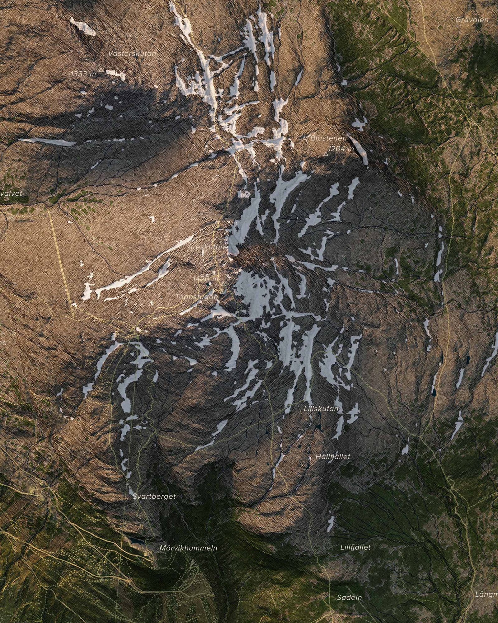 Topografisk karta över Åreskutan i dagsljus, detaljbild