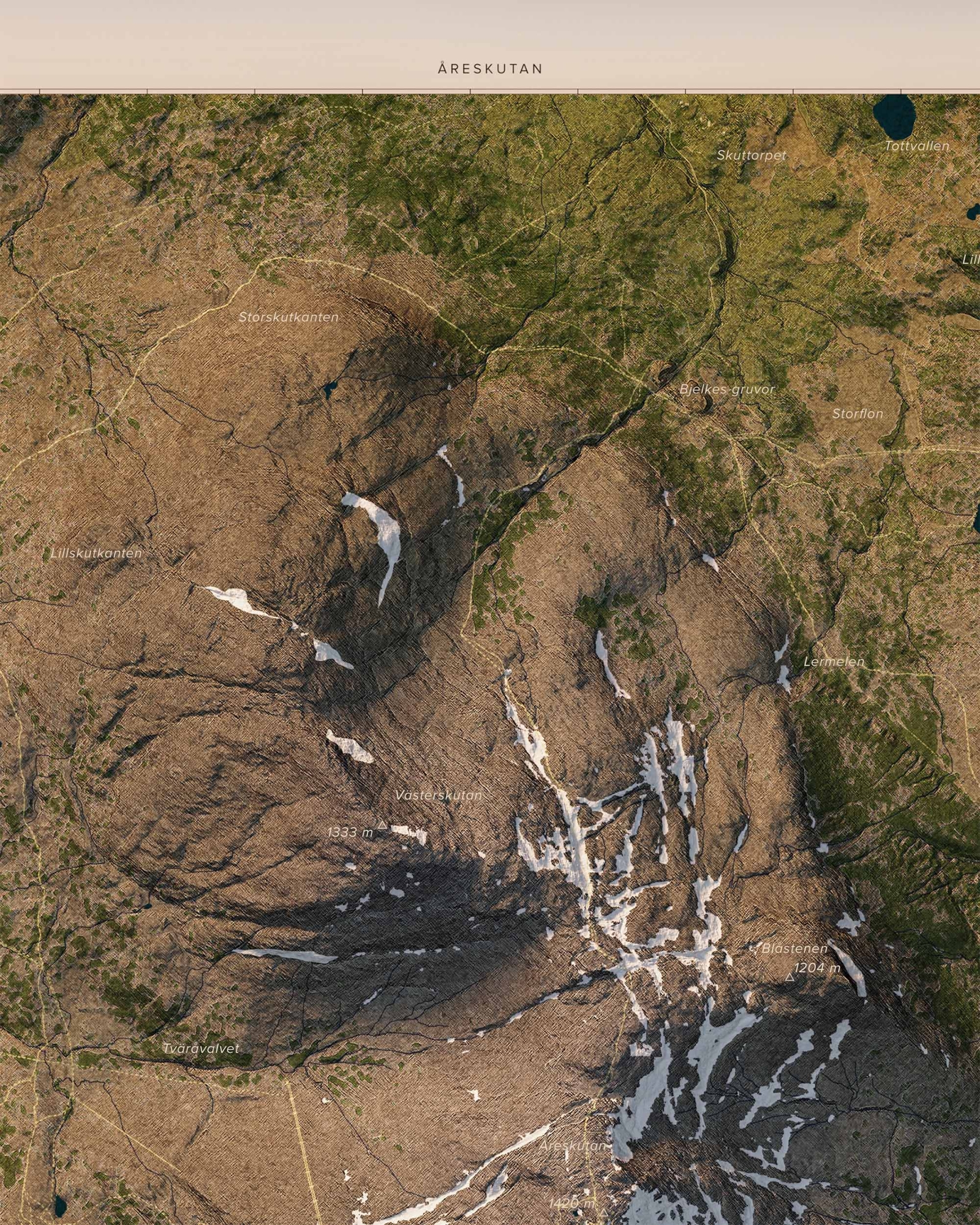 Topografisk karta över Åreskutan i dagsljus, detaljbild