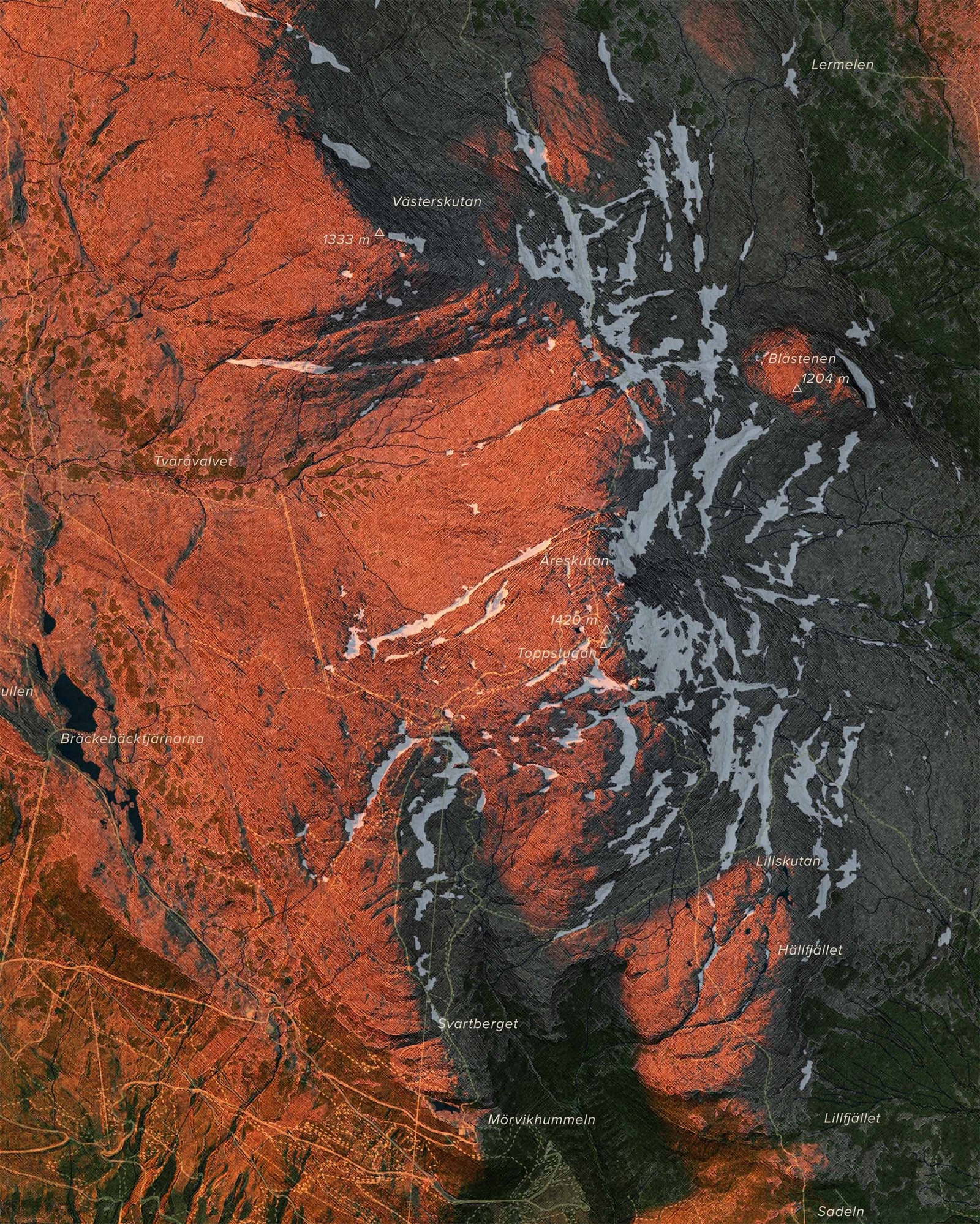 Topografisk karta över Åreskutan i kvällsljus, detaljbild
