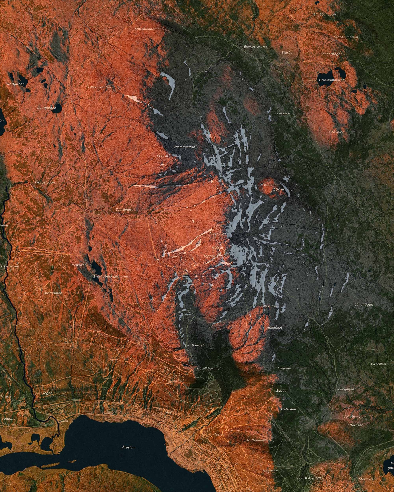 Topografisk karta över Åreskutan i kvällsljus, detaljbild