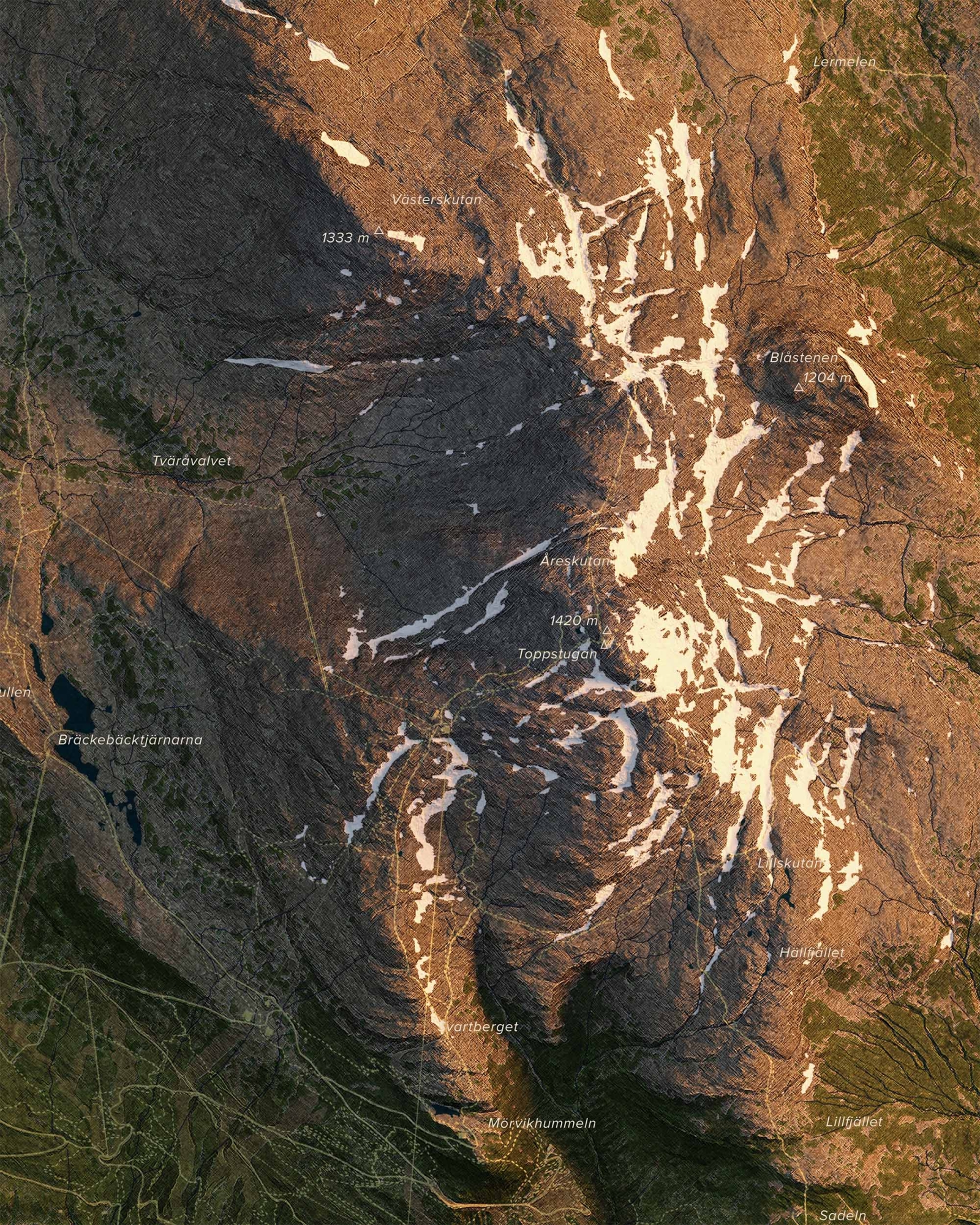 Topografisk karta över Åreskutan i morgonljus, detaljbild