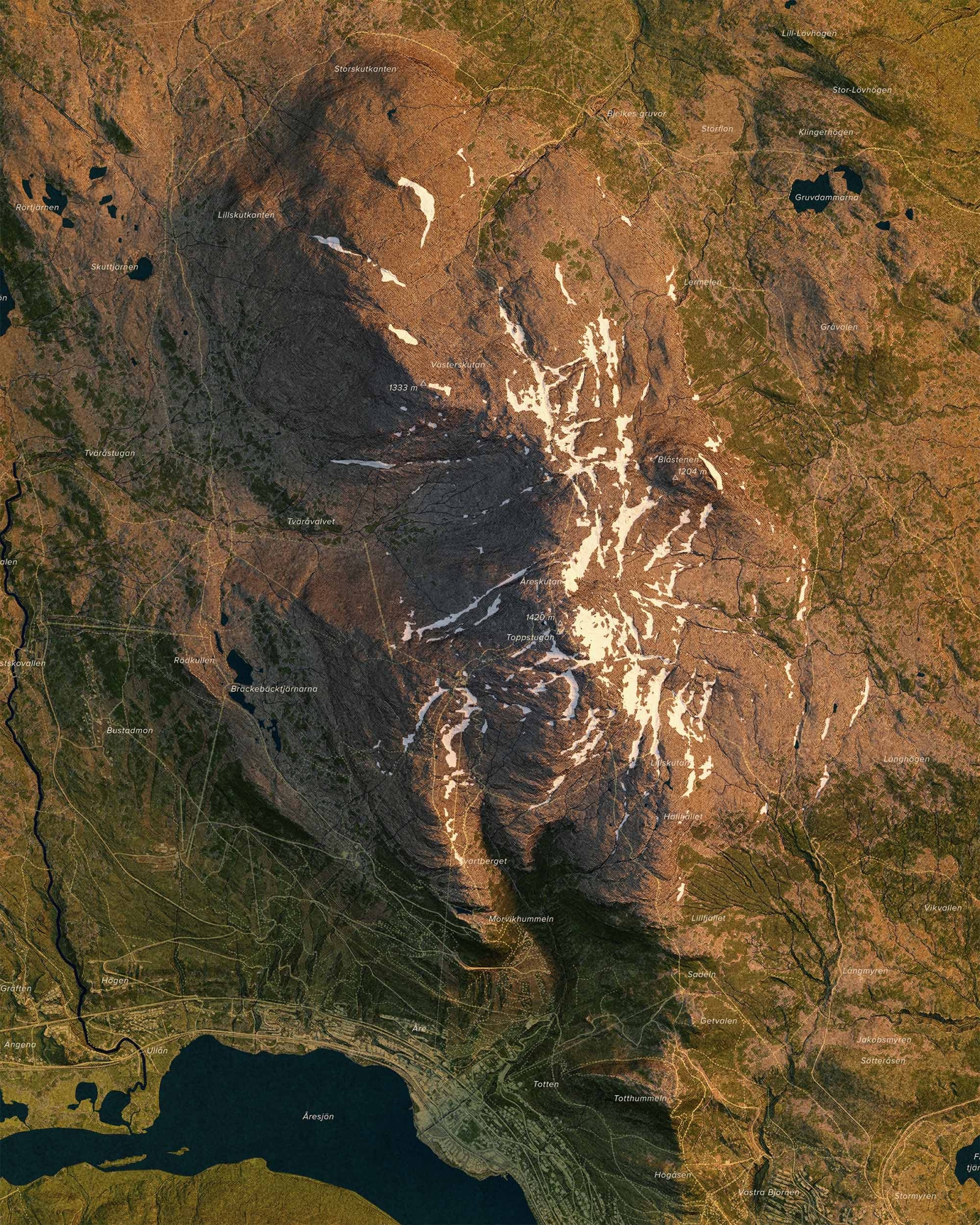 Topografisk karta över Åreskutan i morgonljus, detaljbild