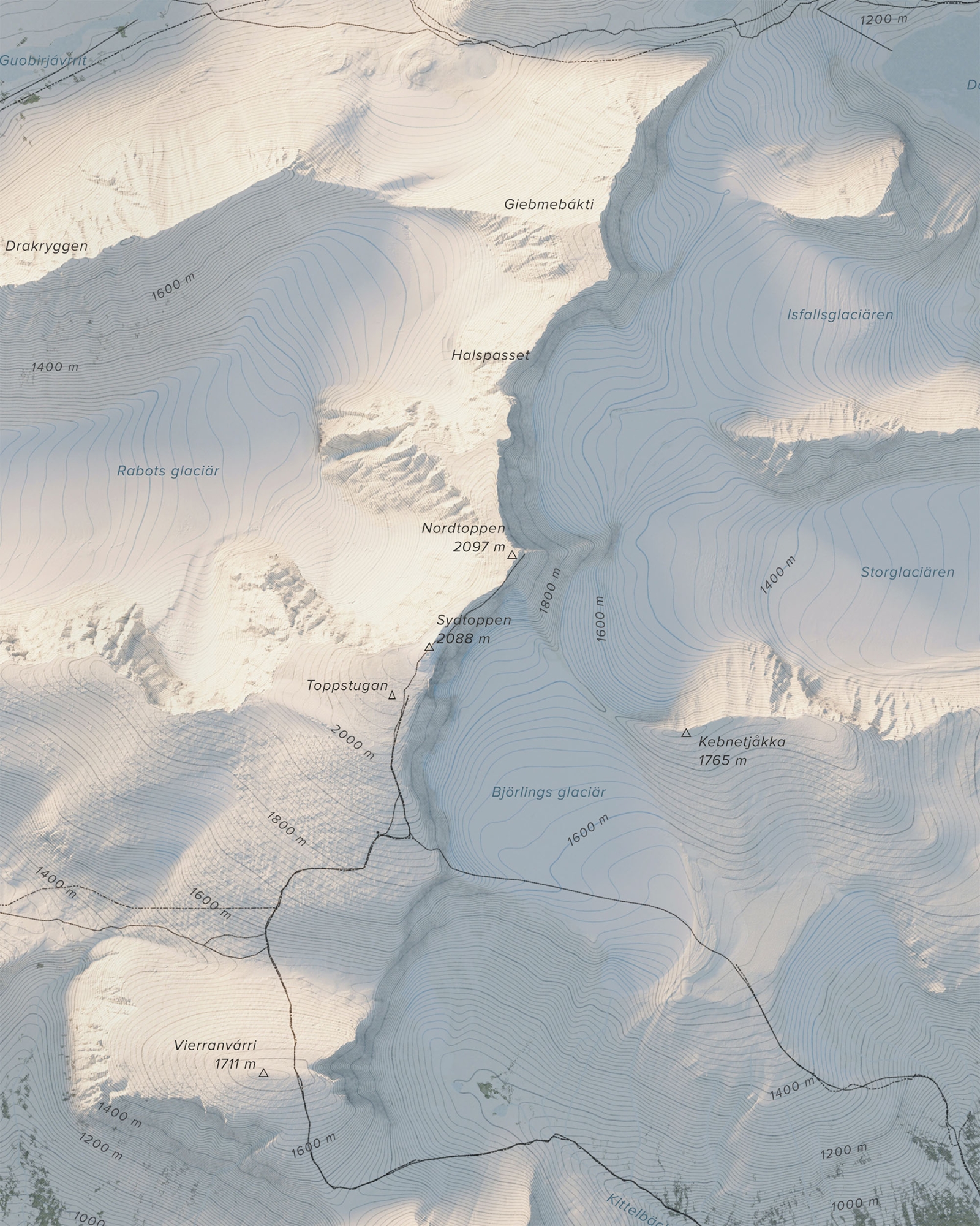 Topografisk fjällkarta över Kebnekaise i dagsljus, detaljbild