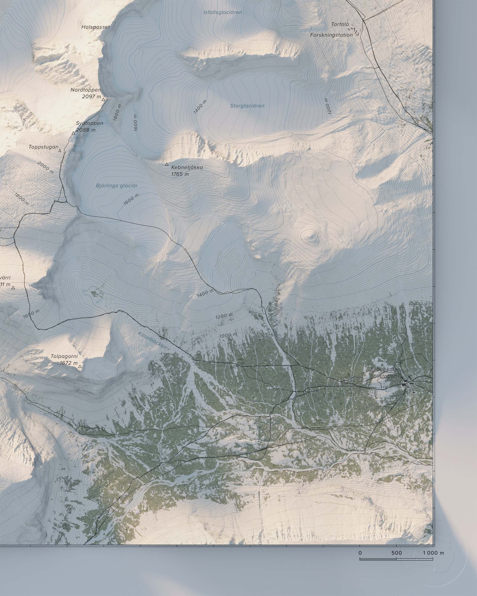 Topografisk fjällkarta över Kebnekaise i dagsljus, detaljbild