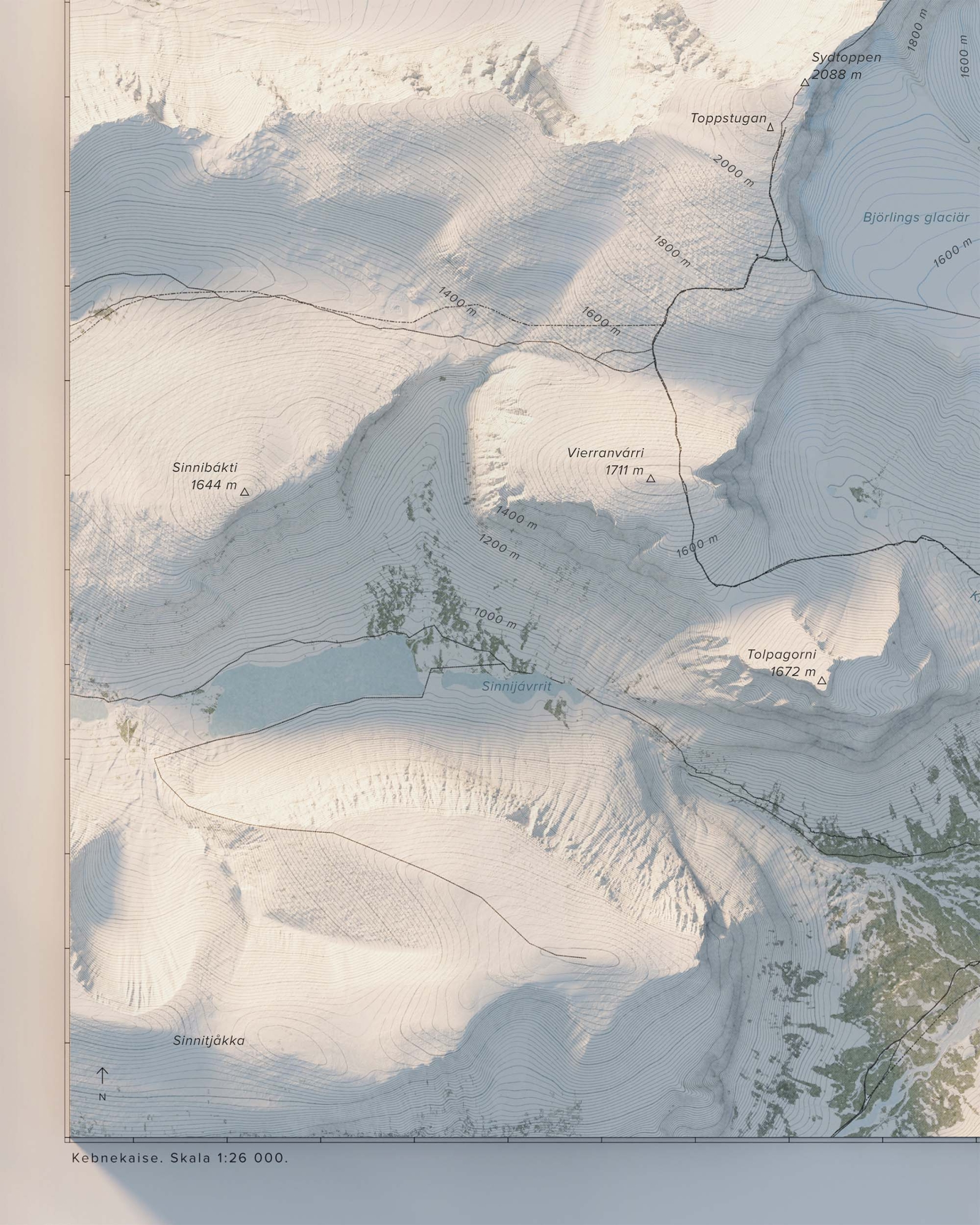 Topografisk fjällkarta över Kebnekaise i dagsljus, detaljbild
