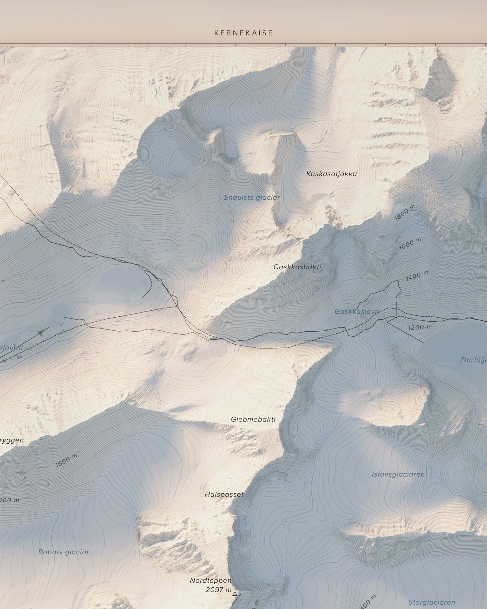 Topografisk fjällkarta över Kebnekaise i dagsljus, detaljbild