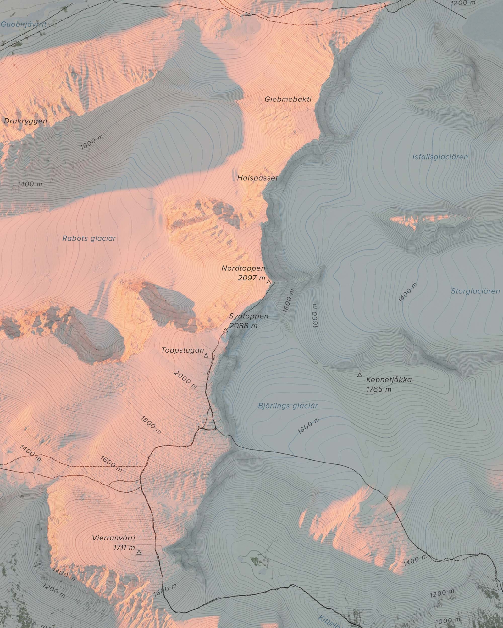 Topografisk fjällkarta över Kebnekaise i kvällsljus, detaljbild